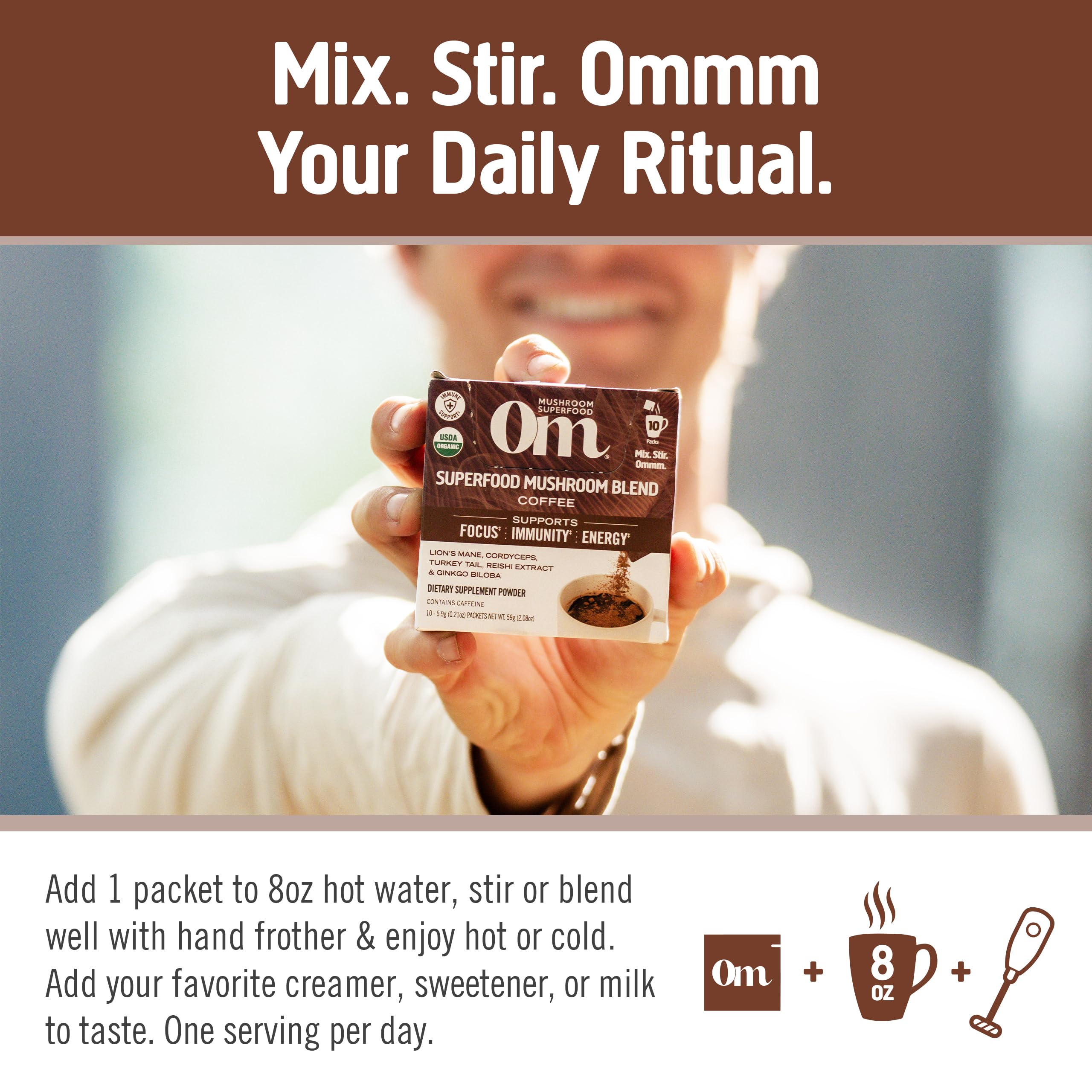OM MUSHROOM SUPERFOOD café instantáneo, claridad mental y energía para el día.