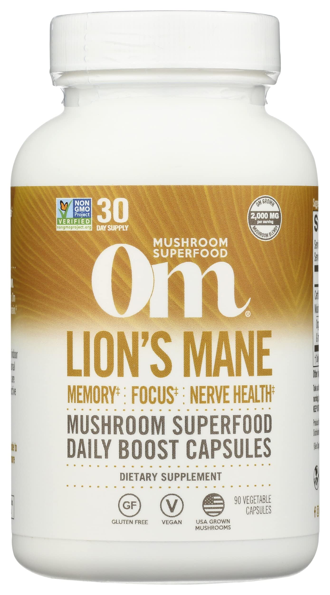 Om Mushroom Superfood Lion's Mane cápsulas: apoyo a la memoria y enfoque para el día a día.