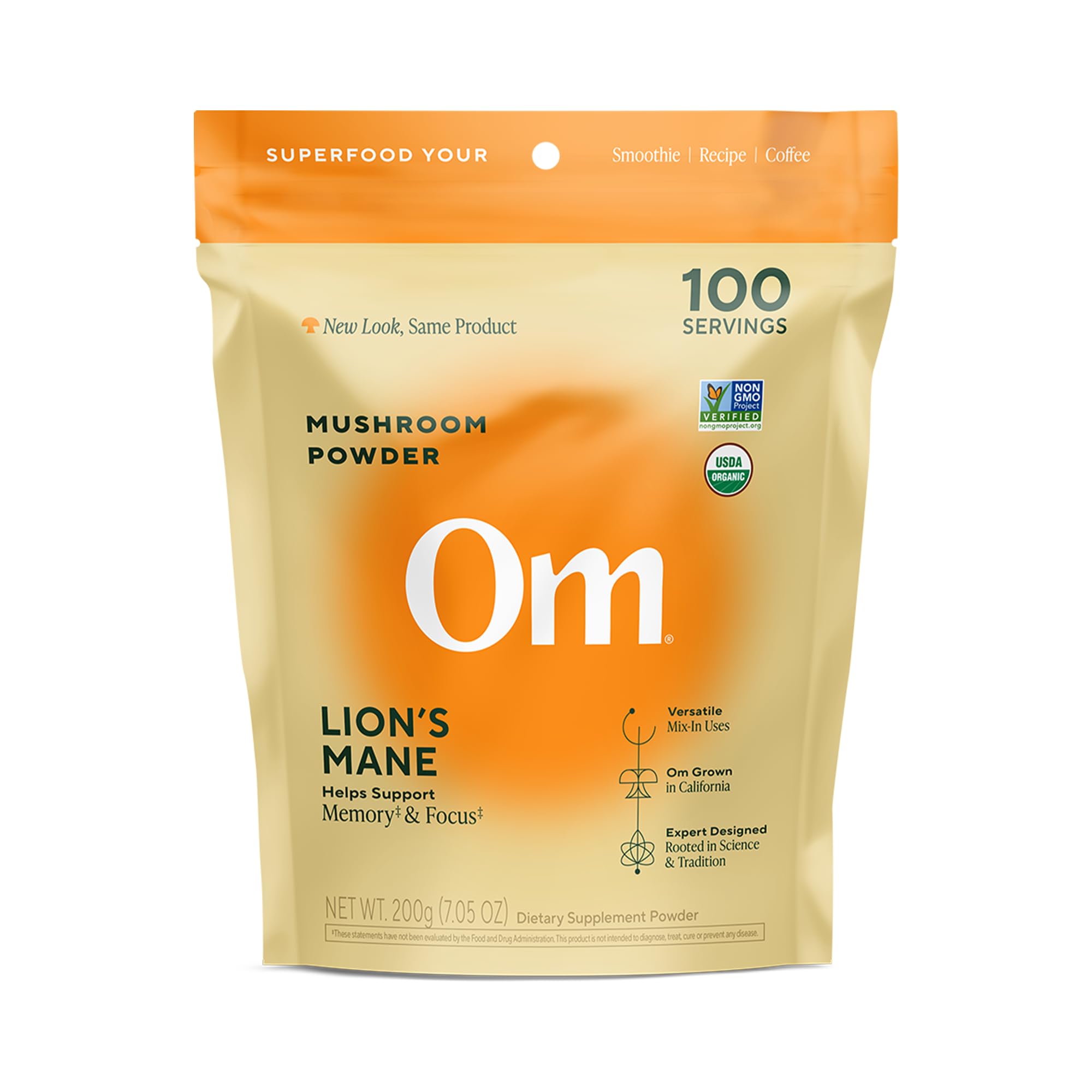 OM MUSHROOM SUPERFOOD Om Lion’s Mane polvo, empaque para almacenar, apoyo a la concentración