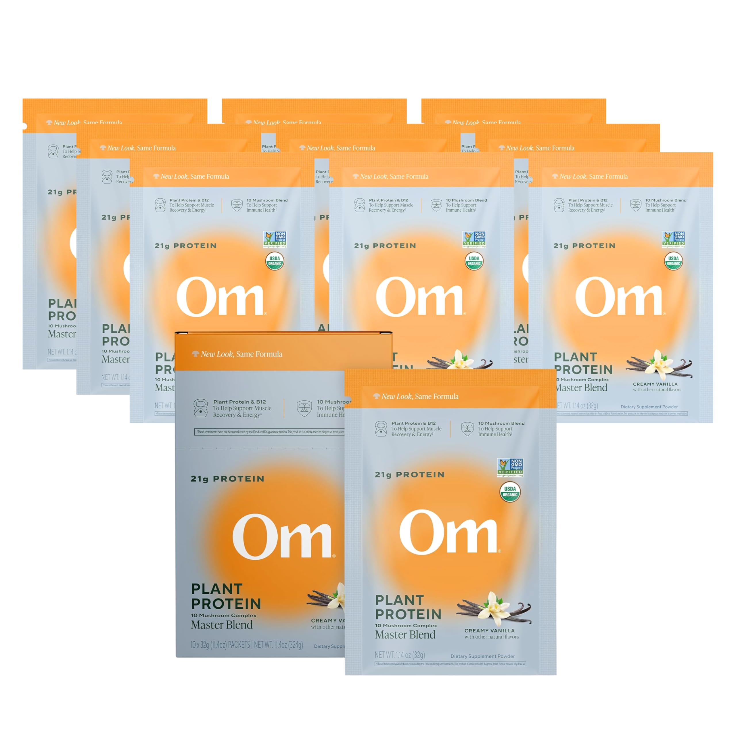 OM MUSHROOM SUPERFOOD Master Blend proteína vanilla en sachets para energía diaria.