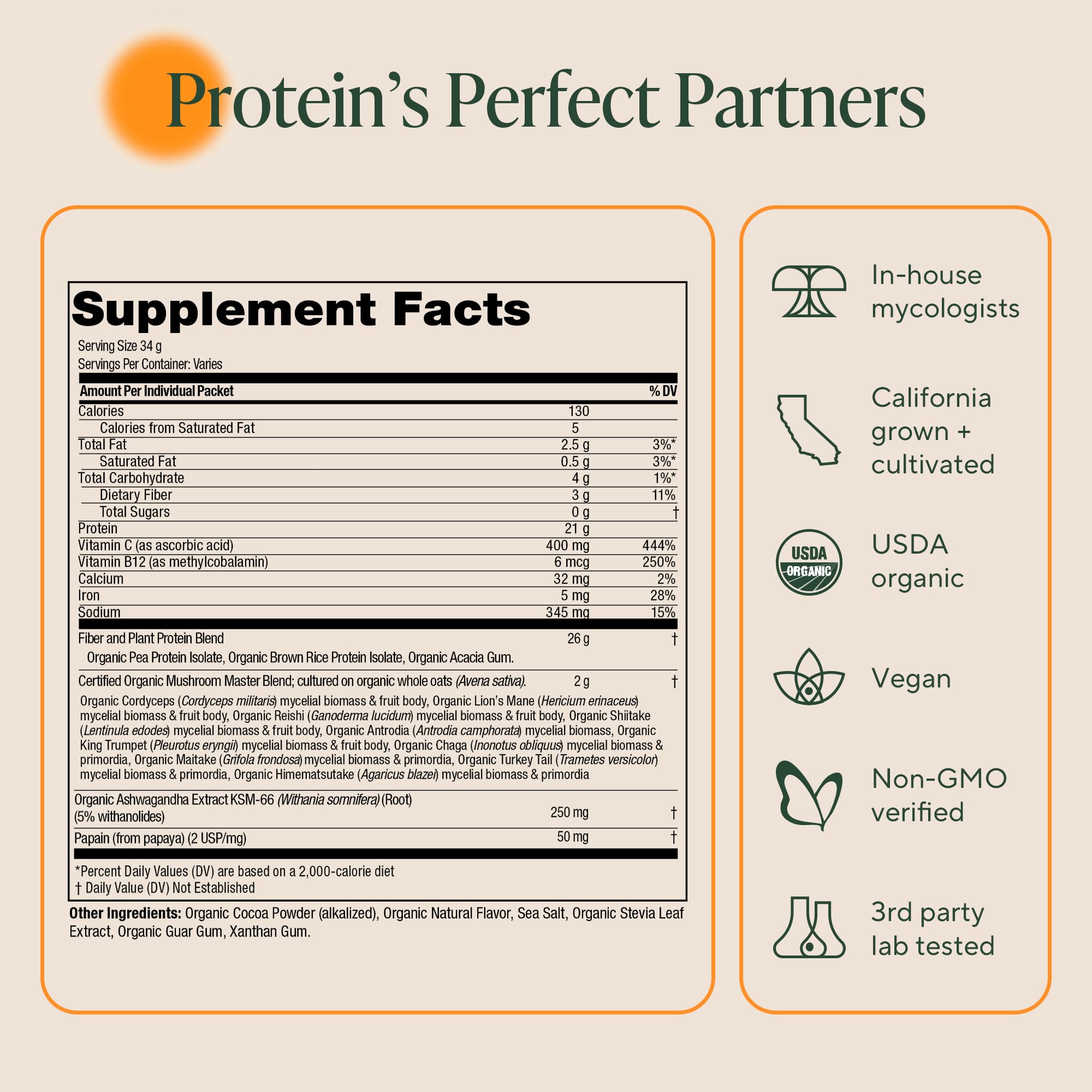 OM MUSHROOM SUPERFOOD Master Blend vegan con BCAA y B12 para soporte diario.