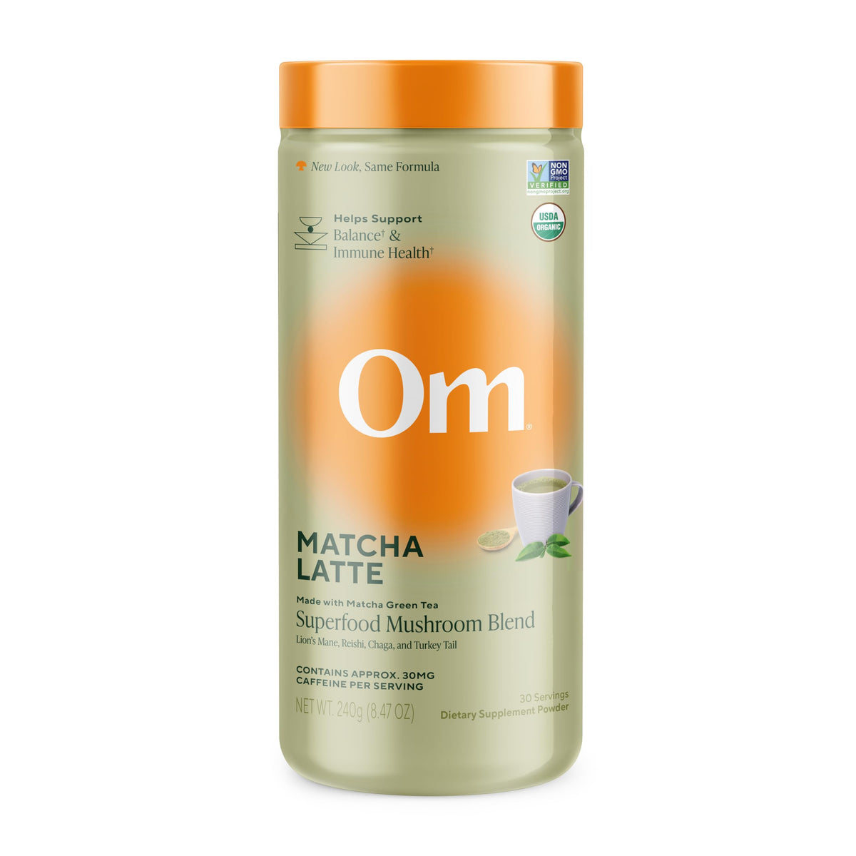 OM MUSHROOM SUPERFOOD Mezcla Matcha Latte empaque listo para empezar el día con enfoque.