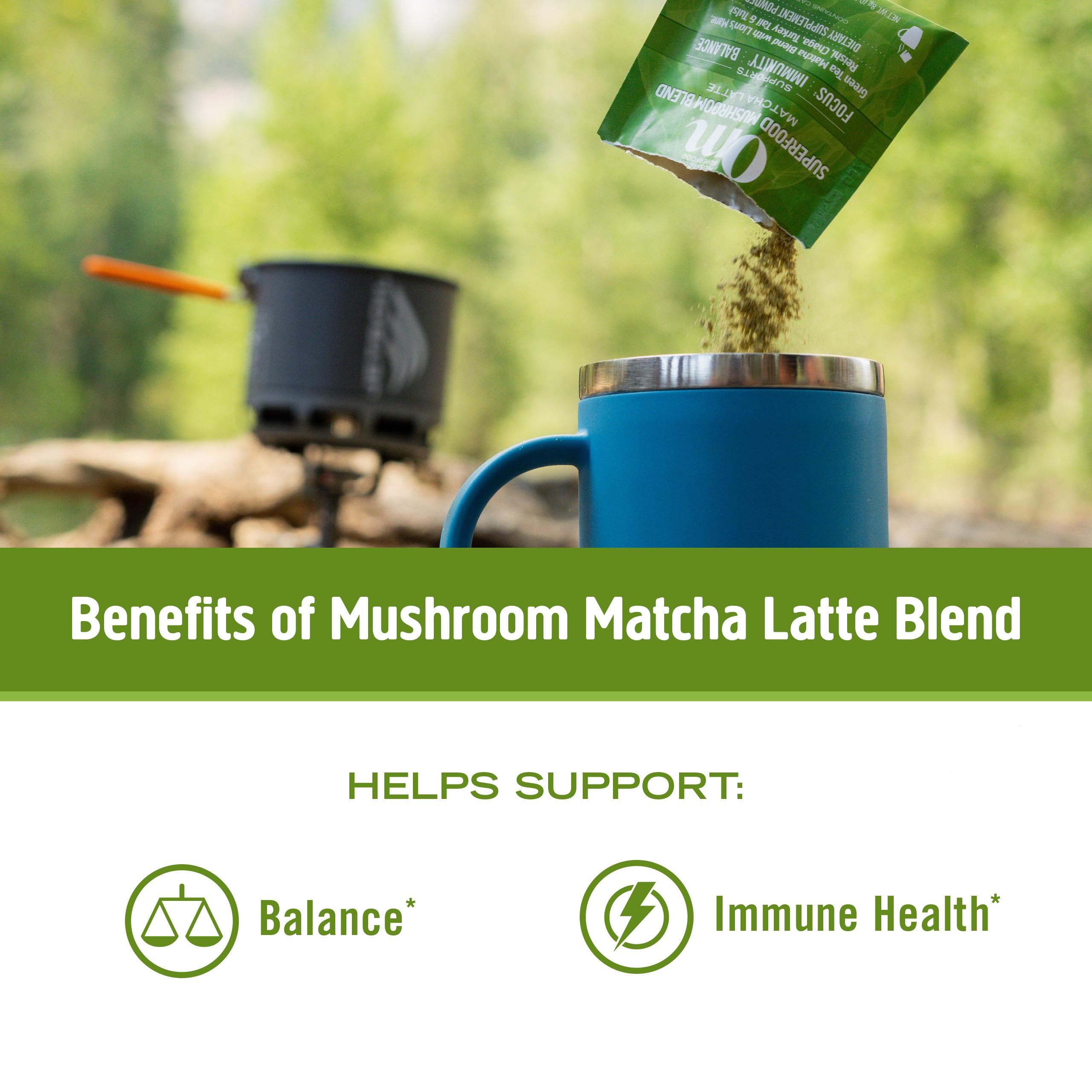 OM MUSHROOM SUPERFOOD Mezcla Matcha Latte con ingredientes funcionales para uso diario.