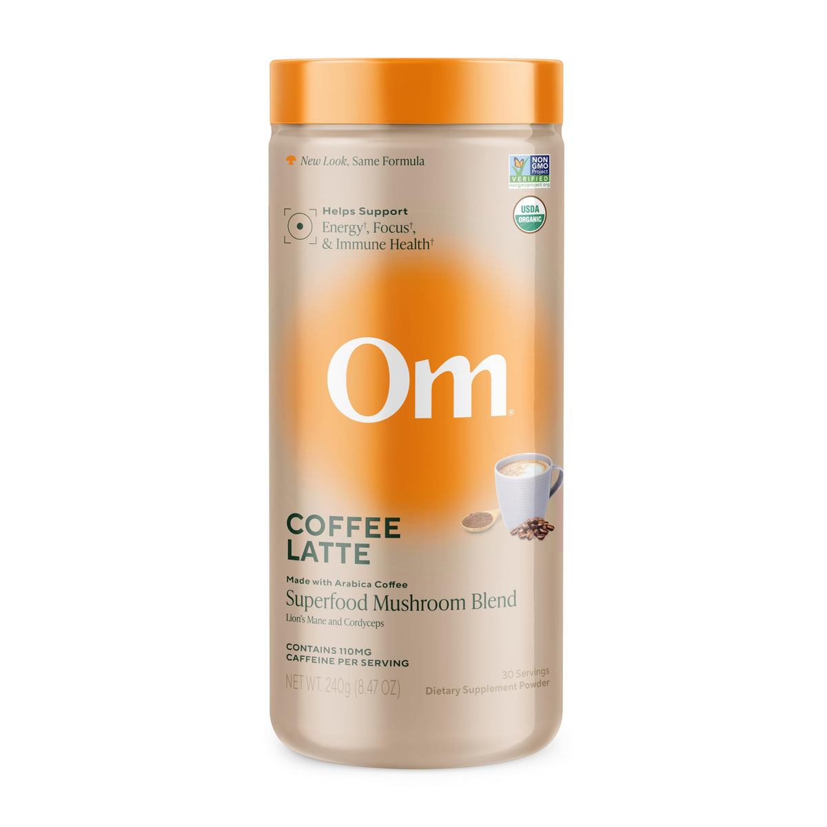 OM MUSHROOM SUPERFOOD mezcla latte de café en lata para energía diaria.