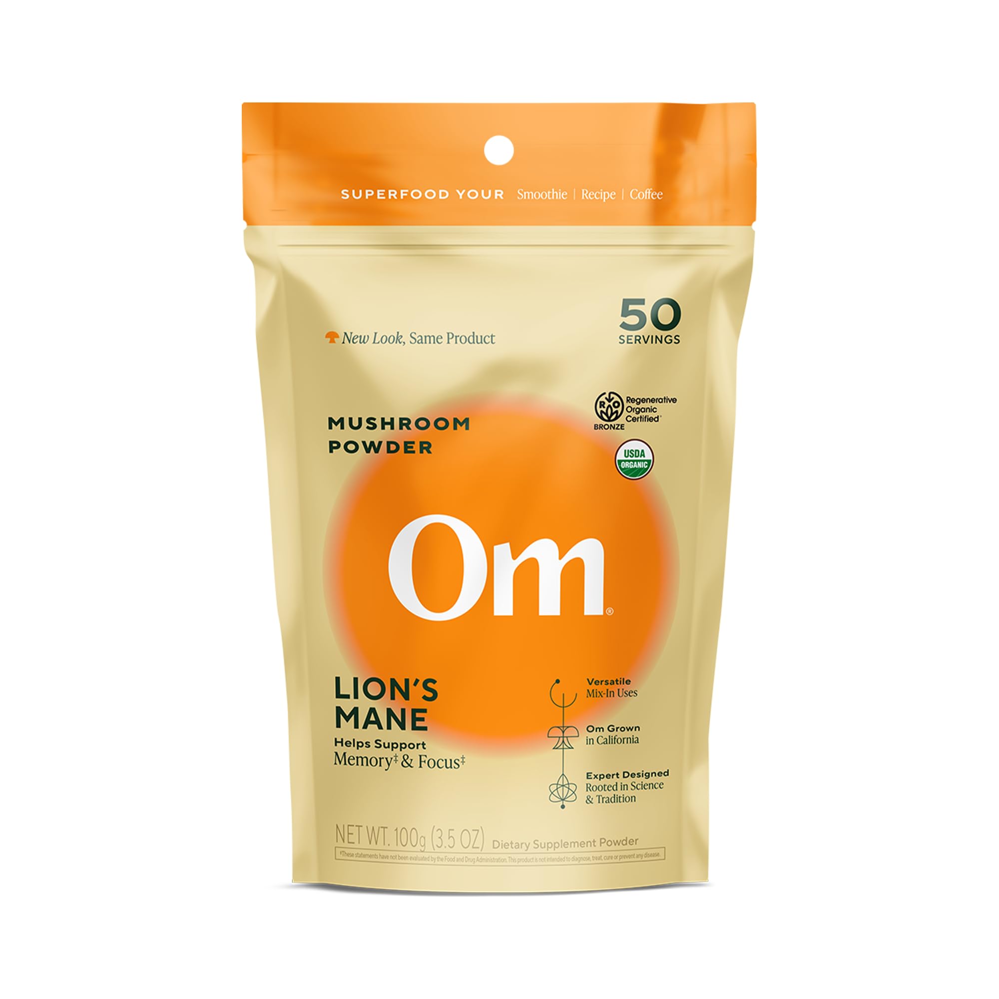 OM MUSHROOM SUPERFOOD polvo melena de león para memoria y concentración.