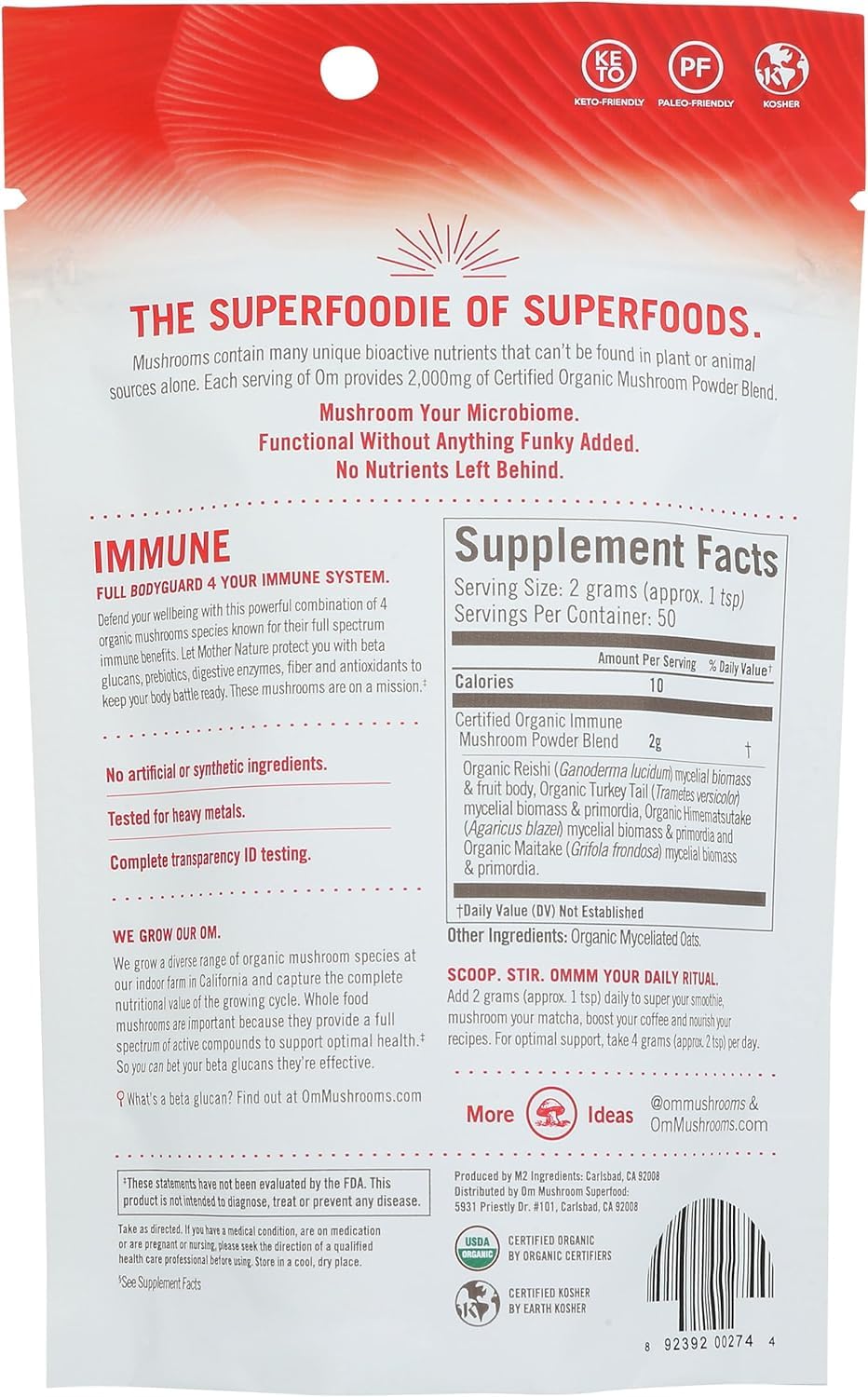 OM Mushroom Superfood porciones diarias: 50 porciones para la rutina.