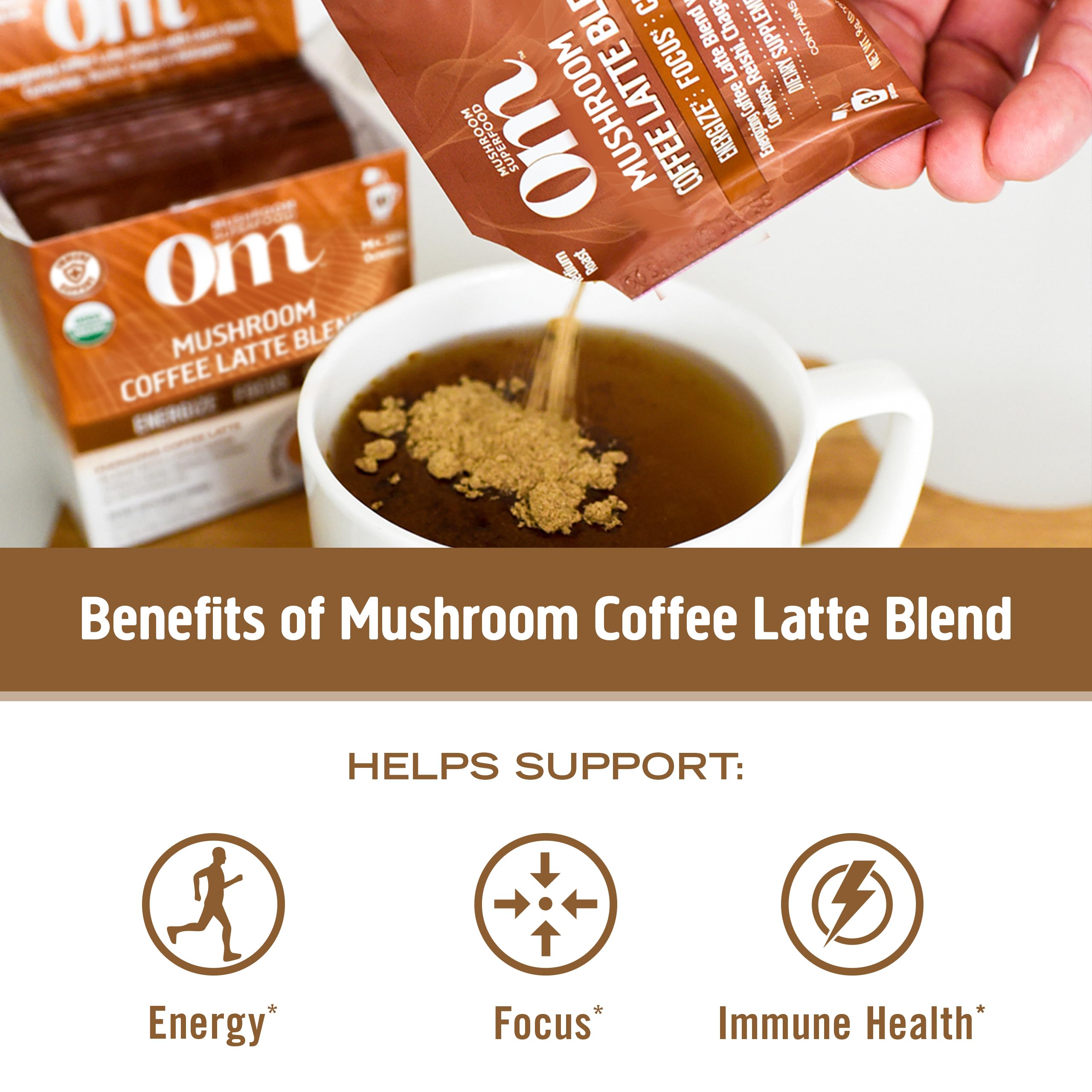 Preparación de latte con OM MUSHROOM SUPERFOOD, lista en segundos.