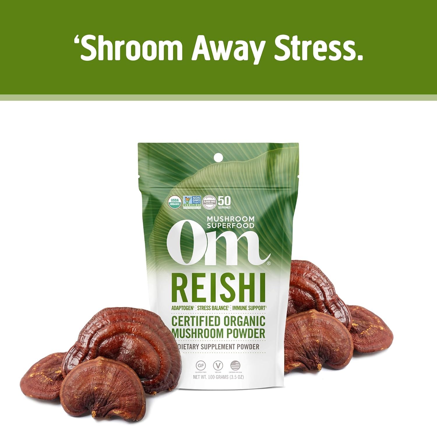 OM MUSHROOM SUPERFOOD Reishi polvo, batido nutritivo con estructura suave.