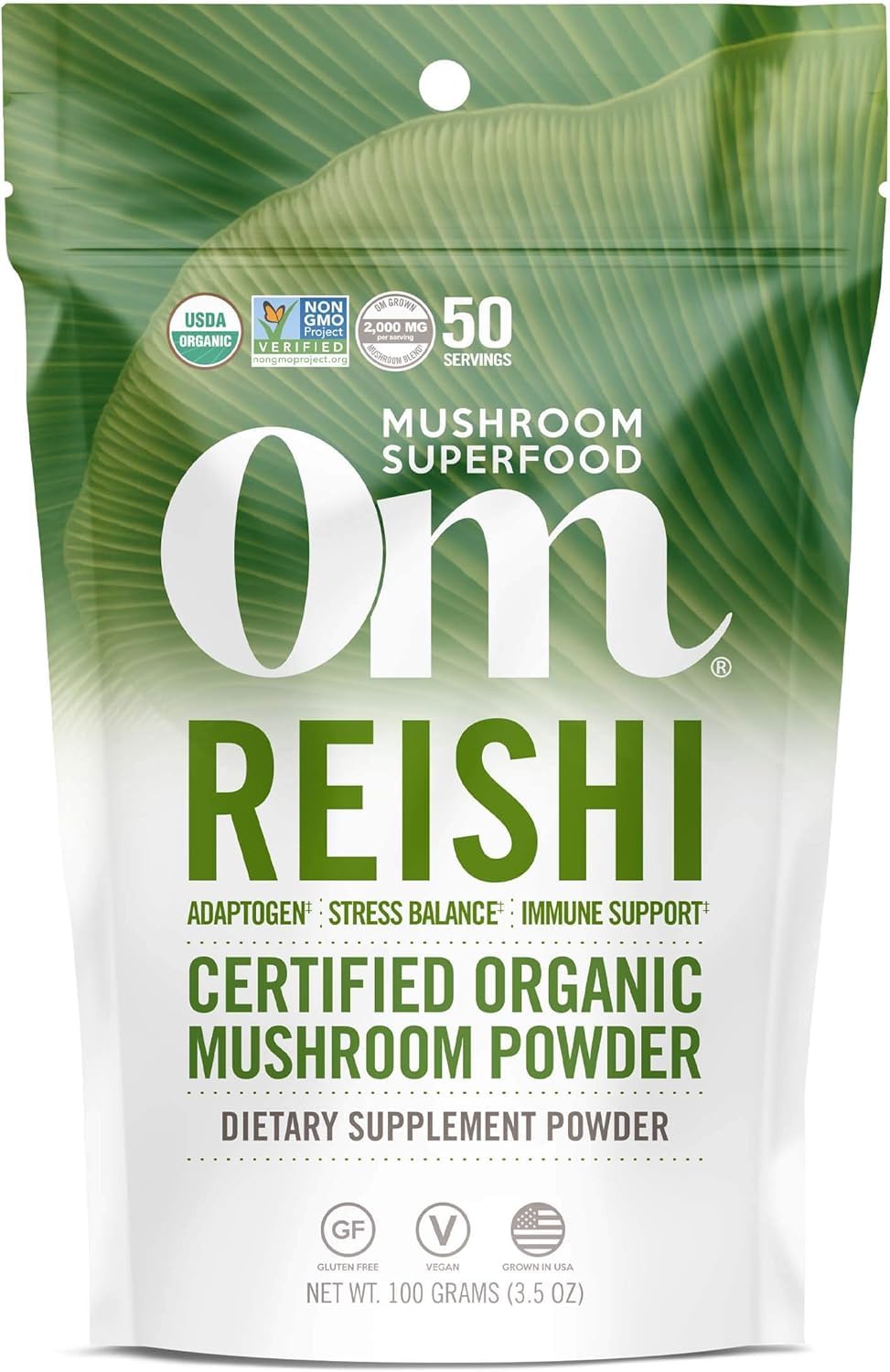 OM MUSHROOM SUPERFOOD Reishi polvo orgánico, enfoque en porciones para relajación.