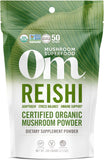 OM MUSHROOM SUPERFOOD Reishi polvo orgánico, enfoque en porciones para relajación.