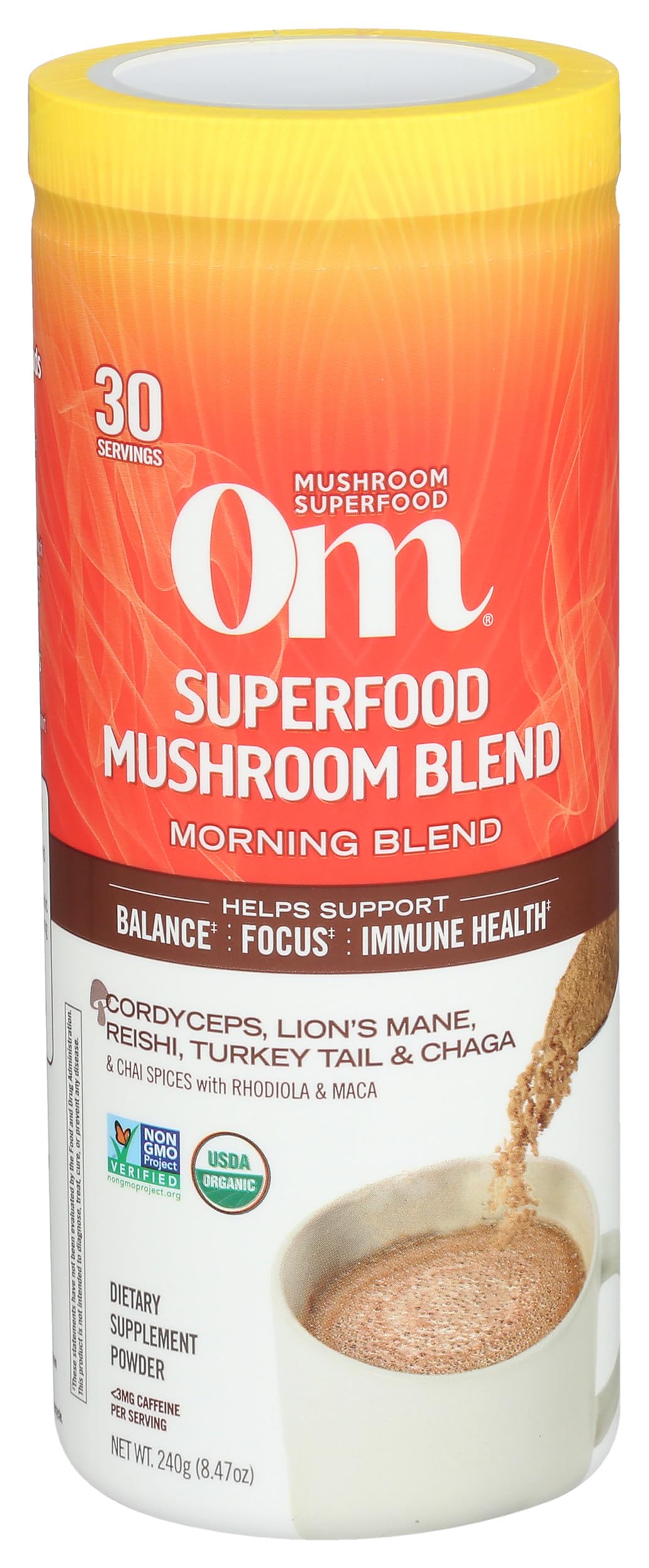 OM MUSHROOM SUPERFOOD taza caliente con polvo para una experiencia reconfortante
