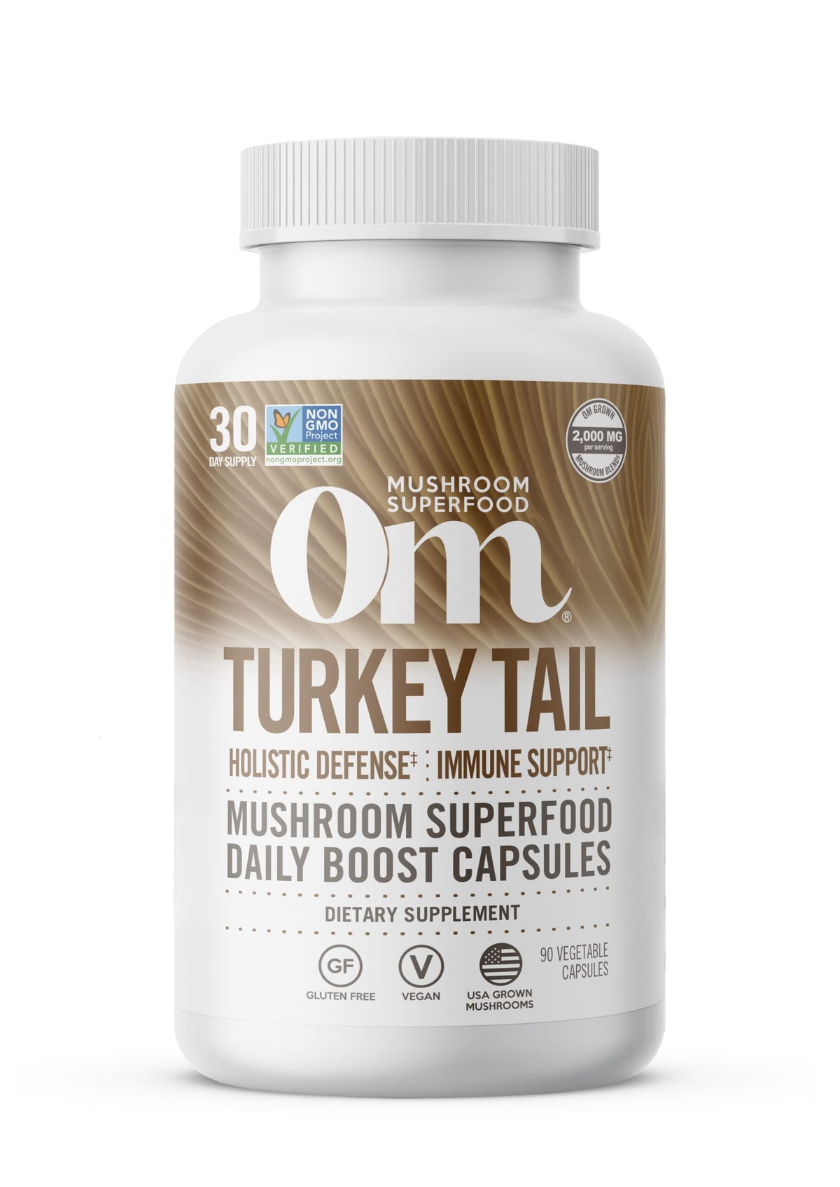 OM Mushroom Superfood Turkey Tail cápsulas en bote, posible apoyo diario a la defensa inmunitaria.