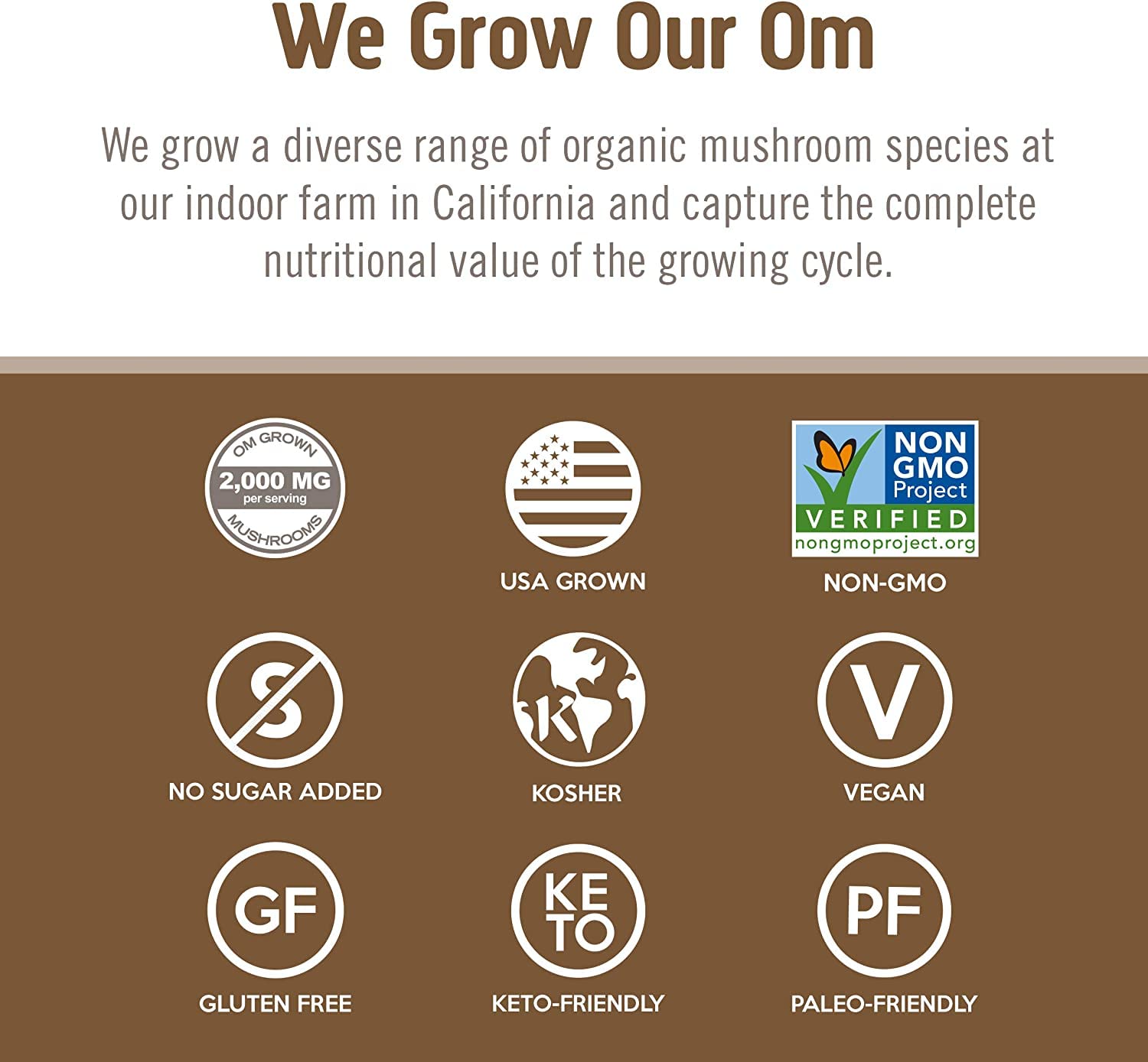 Cultivo en Estados Unidos de OM Mushroom Superfood Turkey Tail, control de calidad y trazabilidad.