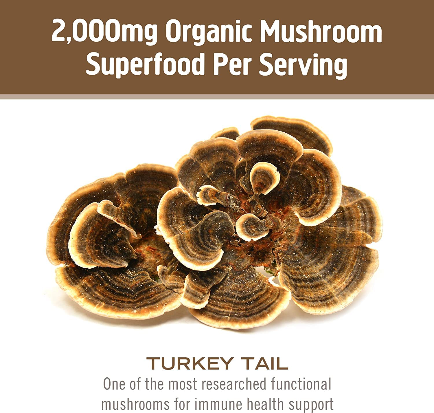 Envase orgánico de OM Mushroom Superfood Turkey Tail, opción sostenible y apta para varias dietas.