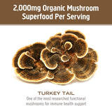 Envase orgánico de OM Mushroom Superfood Turkey Tail, opción sostenible y apta para varias dietas.