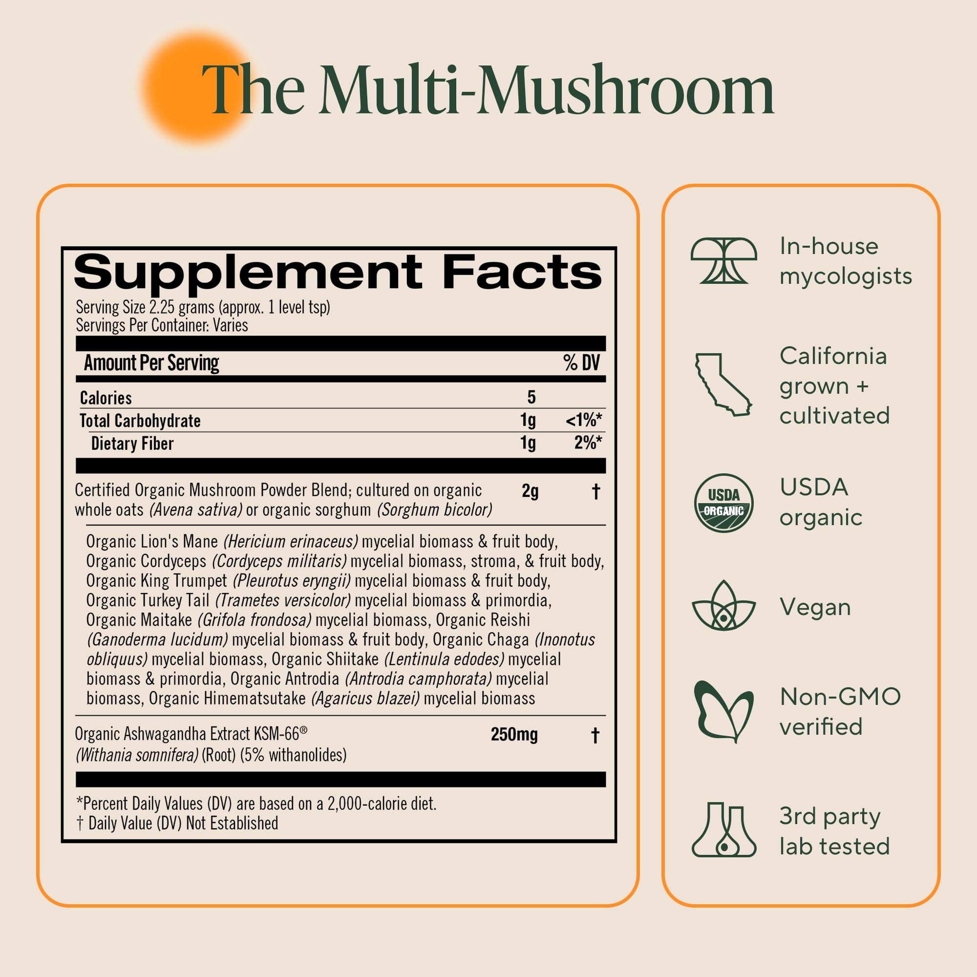 OM MUSHROOMS Master Blend, certificación orgánica y pruebas de calidad.