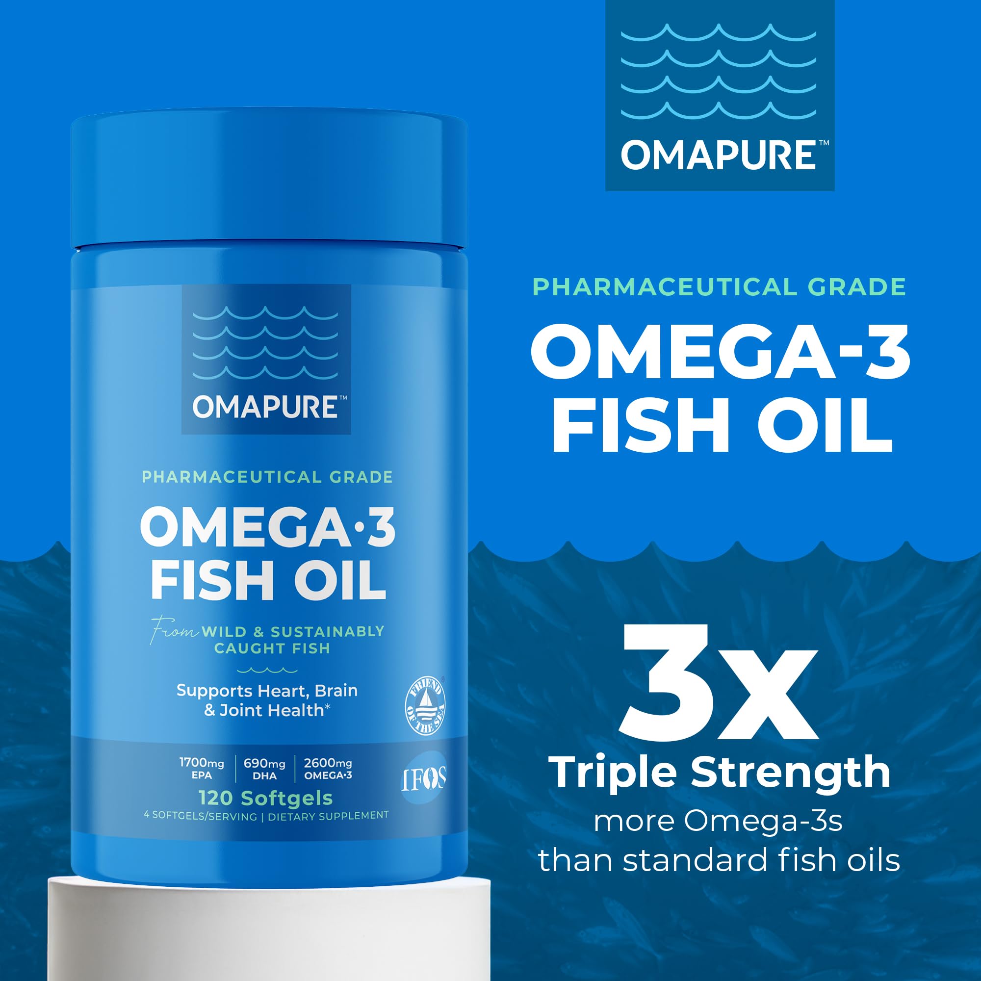 OMAPURE cápsulas suaves de Omega-3, sabor neutro para uso diario sin mal sabor.
