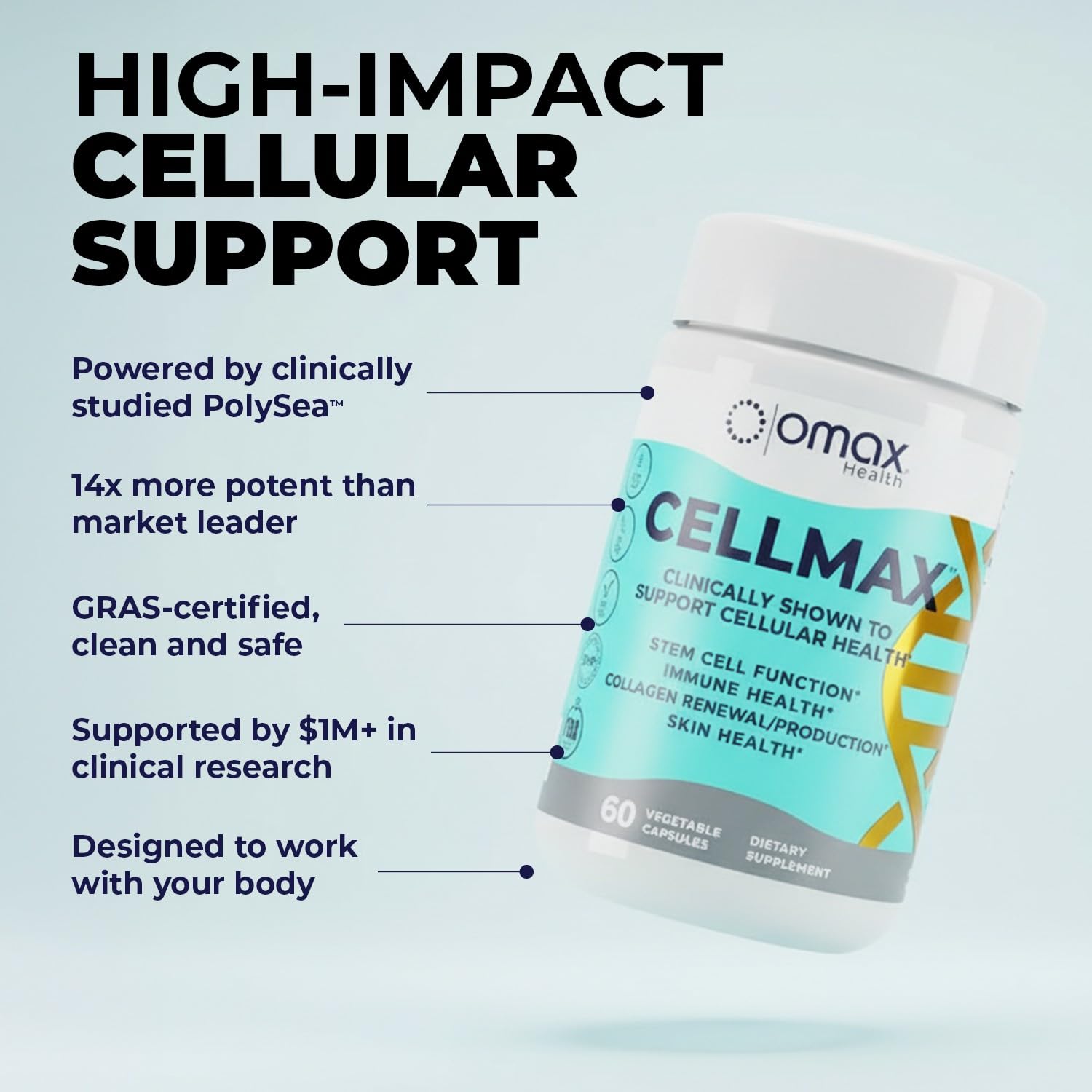 Omax3 Cellmax: fórmula sostenible sin gluten ni soja para uso diario.
