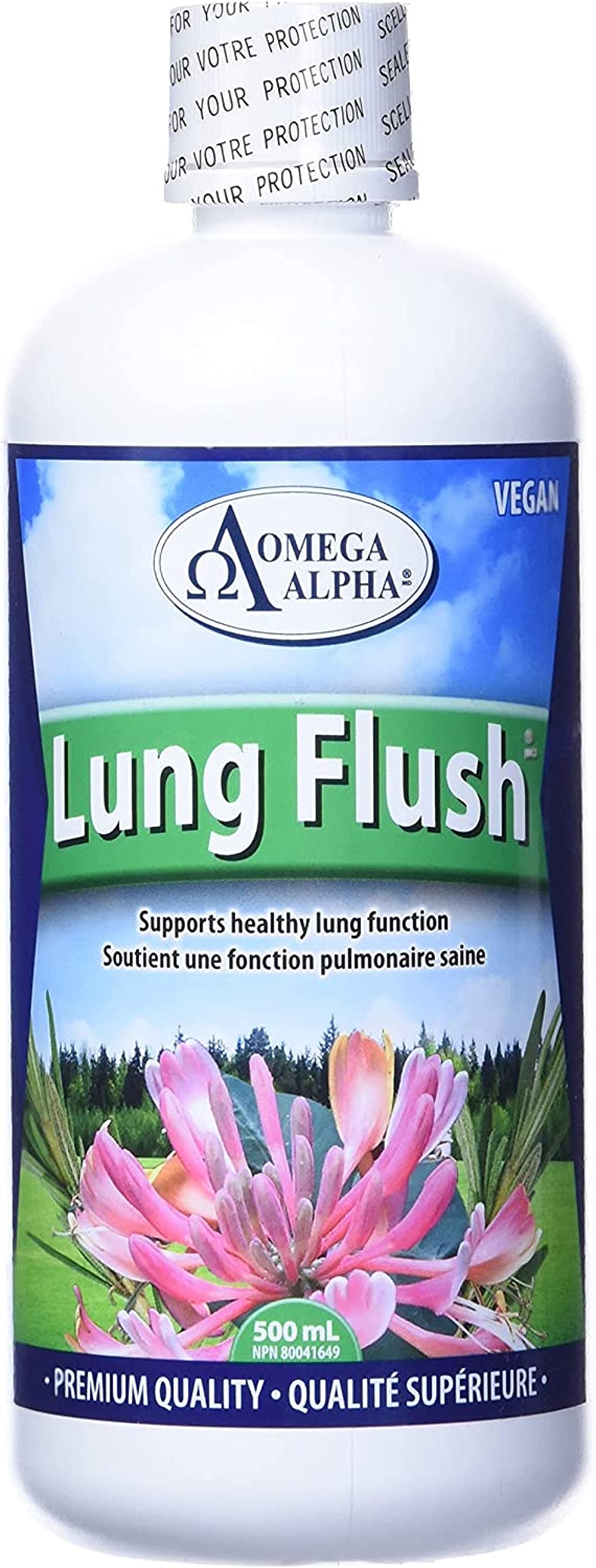 Omega Alpha Lung Flush, botella 500 ml lista para uso diario.