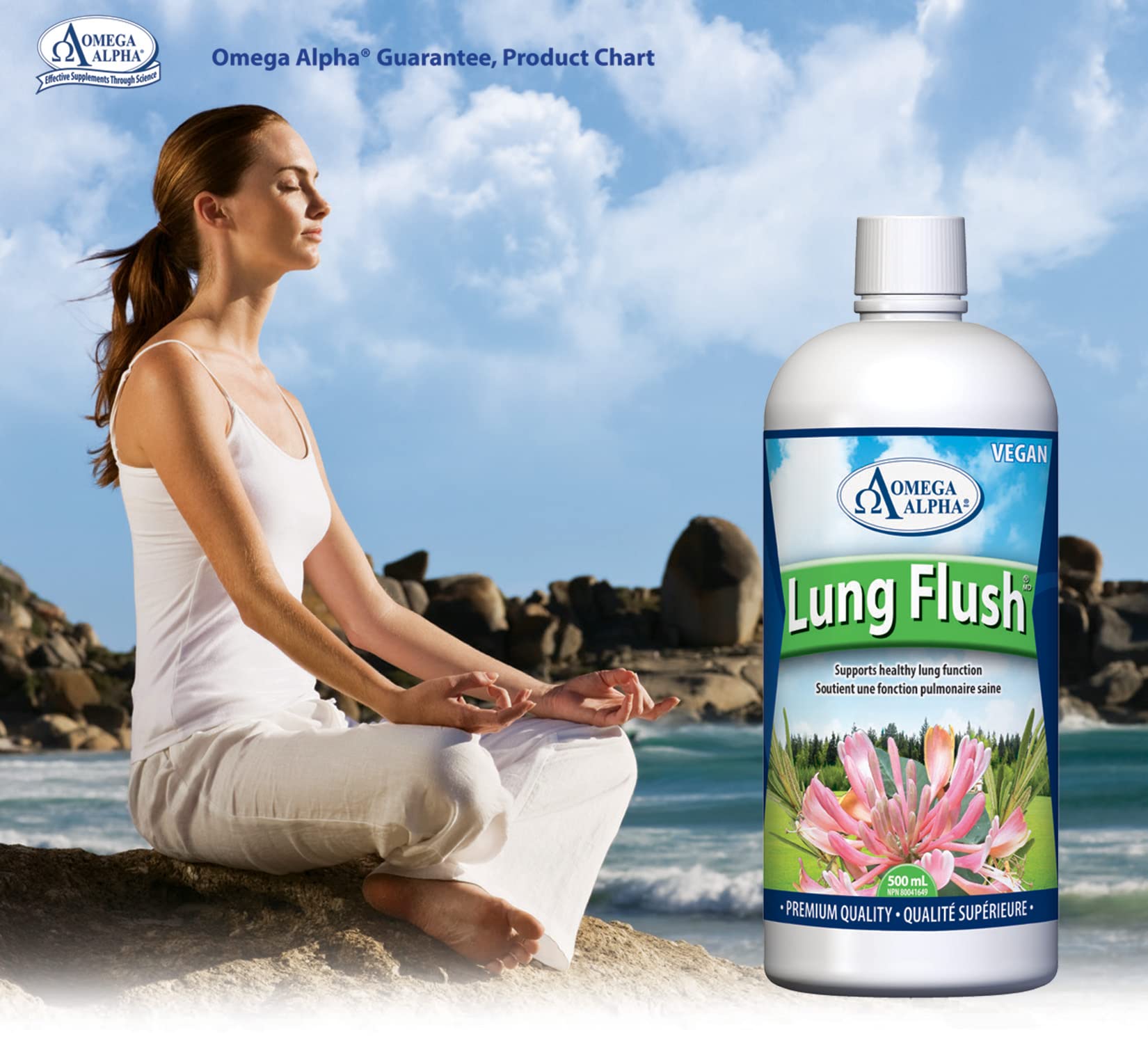 Omega Alpha Lung Flush, primeros planos de plantas clave para el bienestar respiratorio.