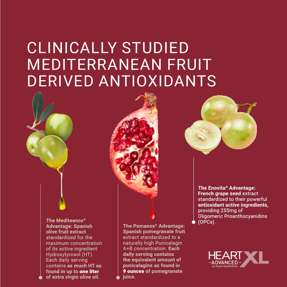 OmegaXL HeartXL Advanced: etiqueta frontal que resalta extractos mediterráneos antioxidantes.