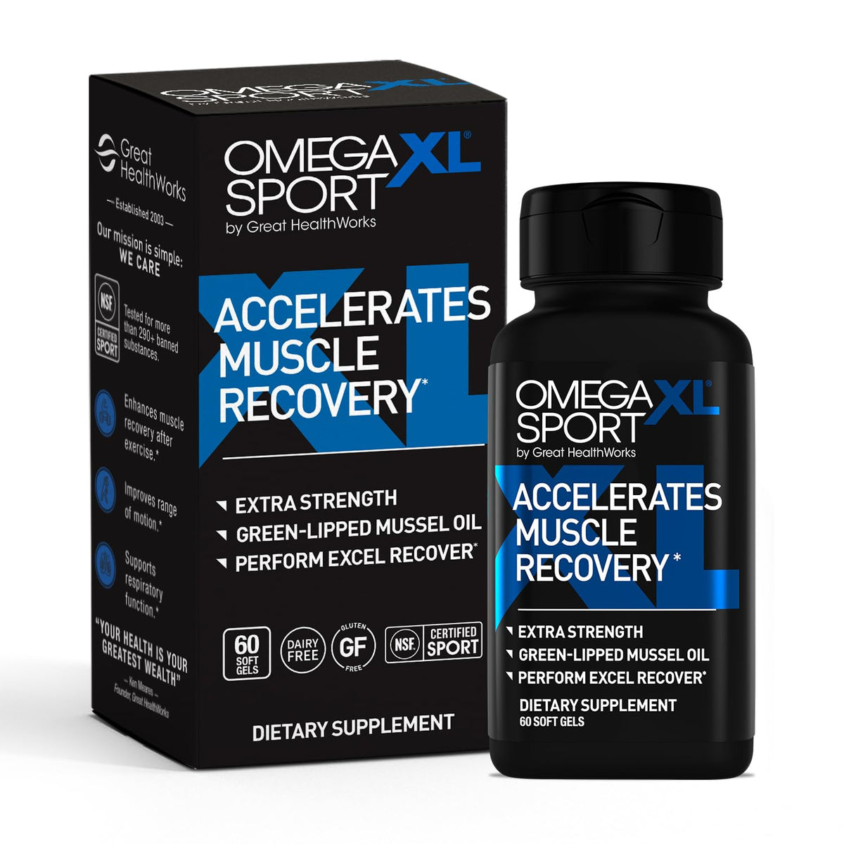 OmegaXL Sport: botella de 60 cápsulas para recuperación muscular y apoyo respiratorio.