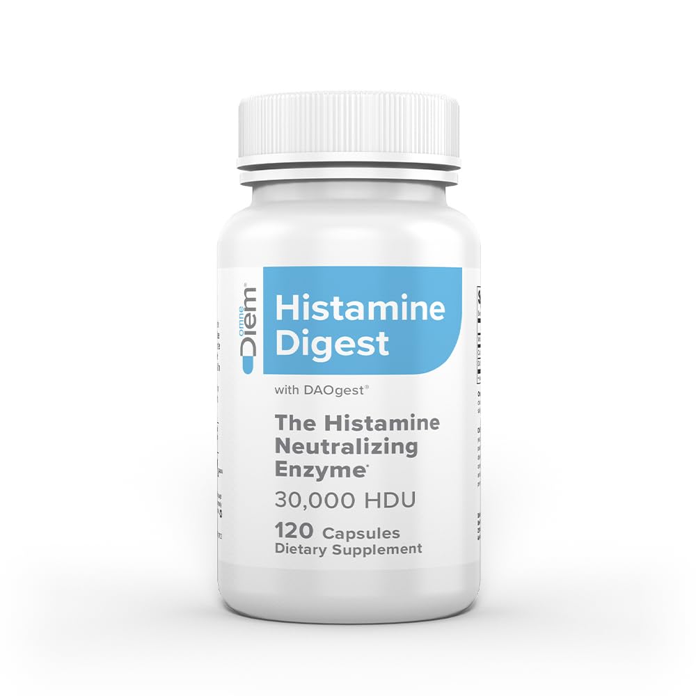 Omne Diem Histamina Digest DAO, botella, apoyo para tolerancia alimentaria.