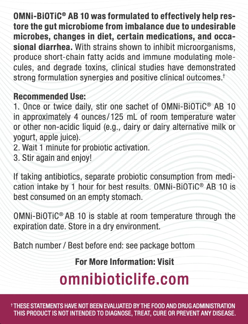 OMNi BiOTiC AB 10: etiqueta indica alta viabilidad de probióticos vivos