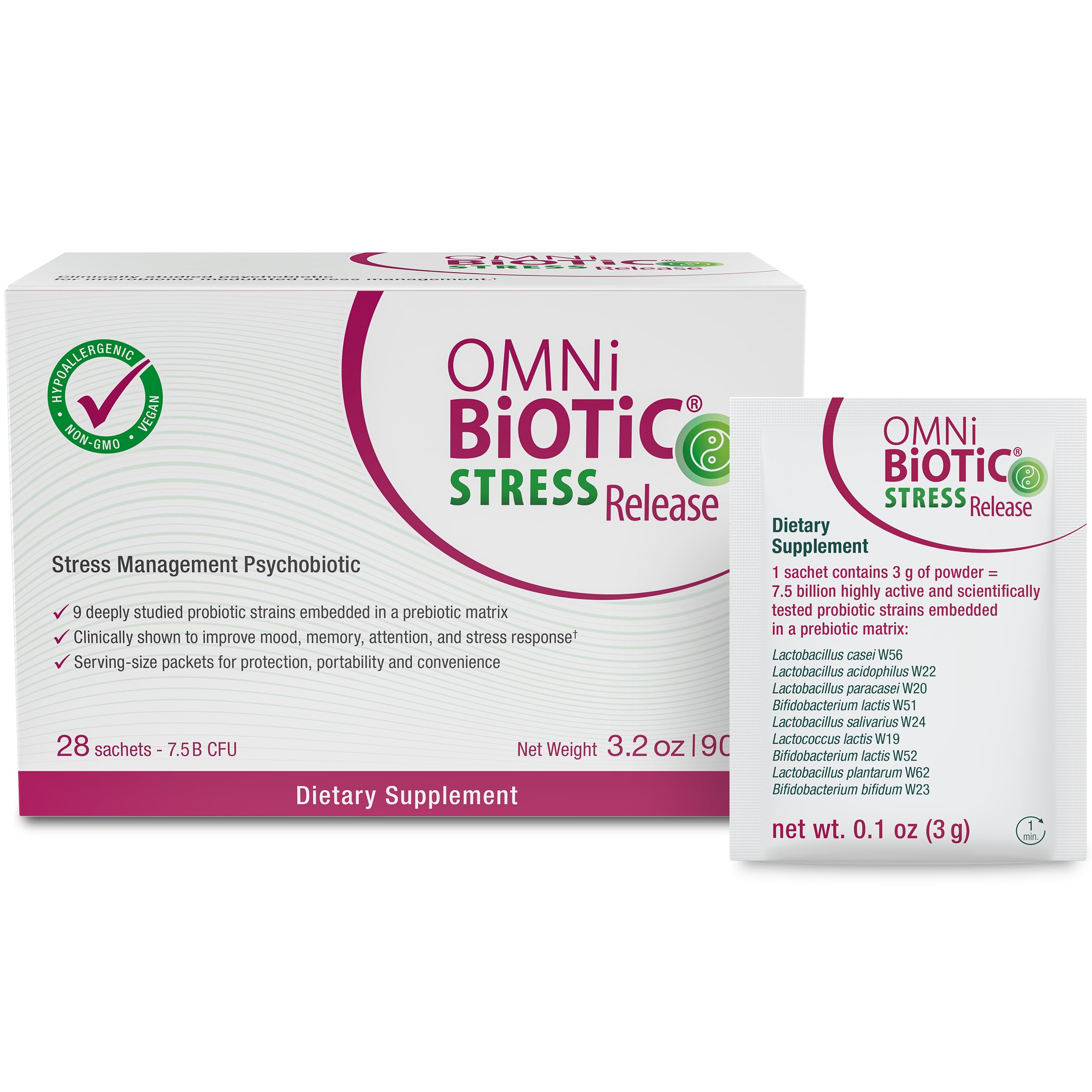 OMNi BiOTiC Stress Release, botella visible para manejo del estrés diario.