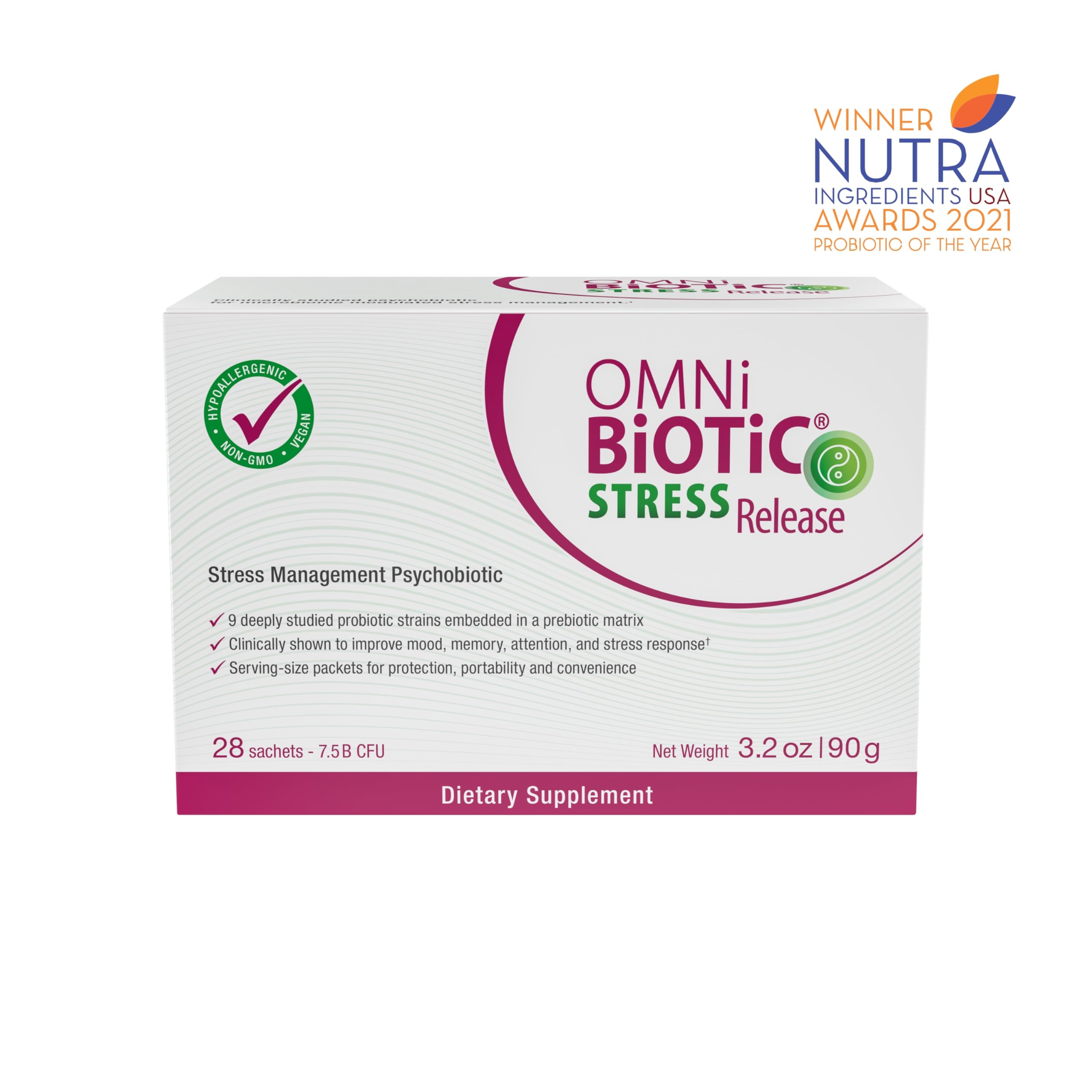 OMNi BiOTiC Stress Release, sobres diarios listos para apoyo emocional y digestivo.