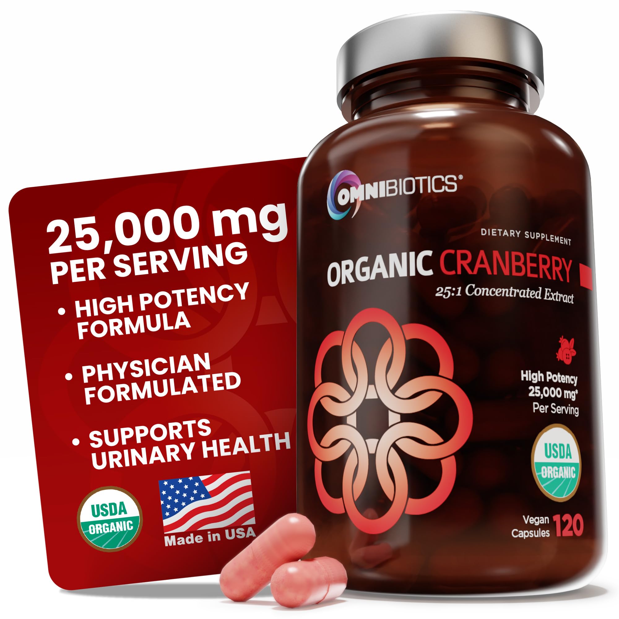 Cápsulas OmniBiotics de arándano orgánico en frasco para apoyo urinario diario.