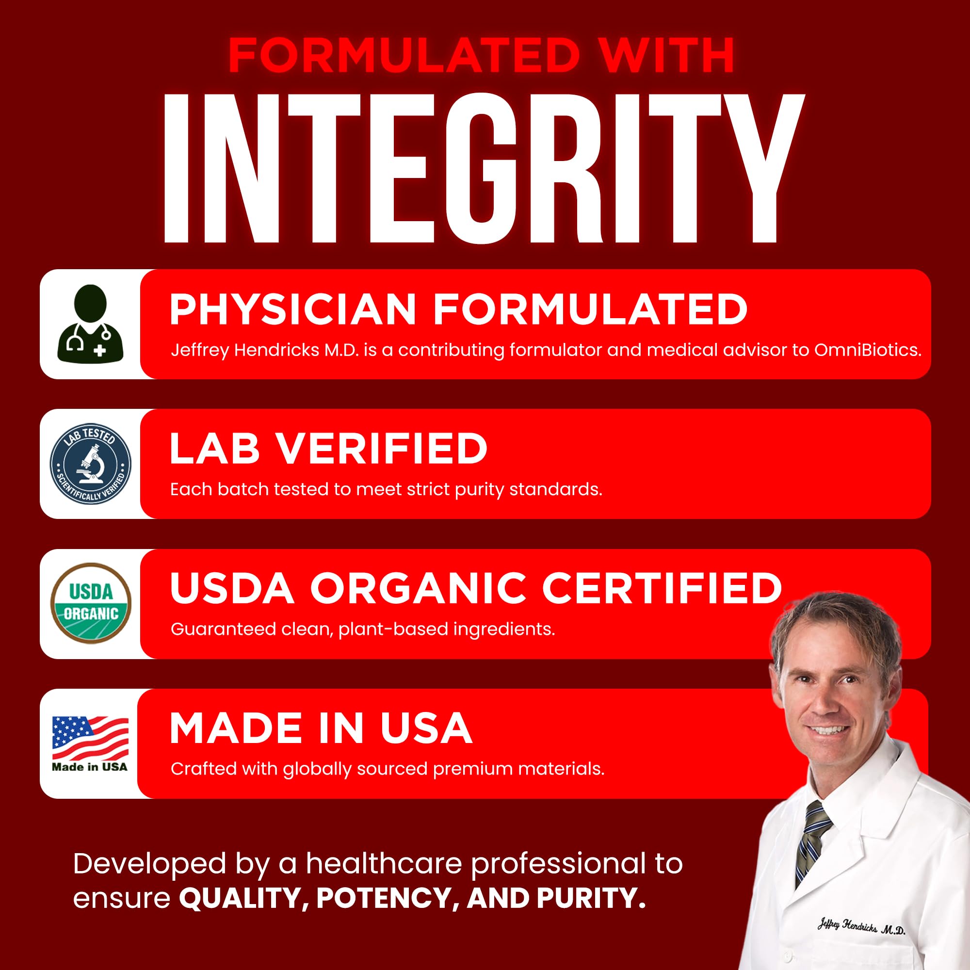 Certificaciones de calidad de OmniBiotics que garantizan pureza y potencia.