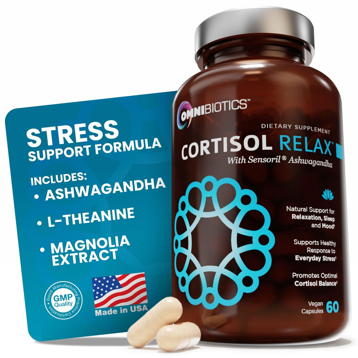 OmniBiotics Cortisol, botella frontal, promueve relajación y equilibrio emocional.
