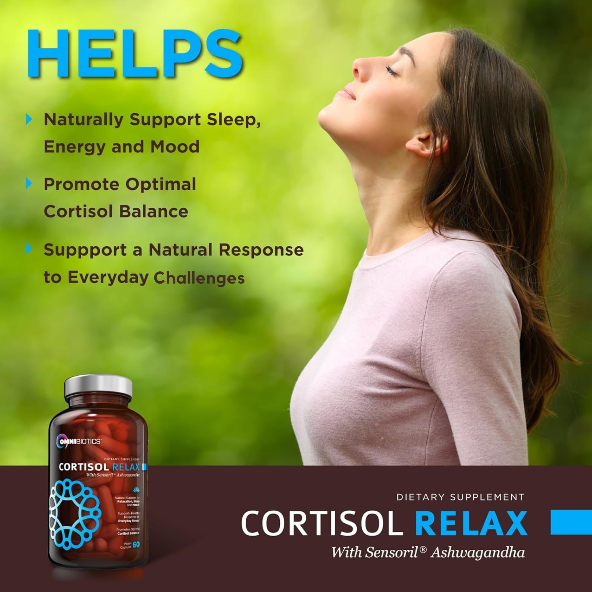 Cápsulas OmniBiotics Cortisol, listas para facilitar relajación y enfoque diario.