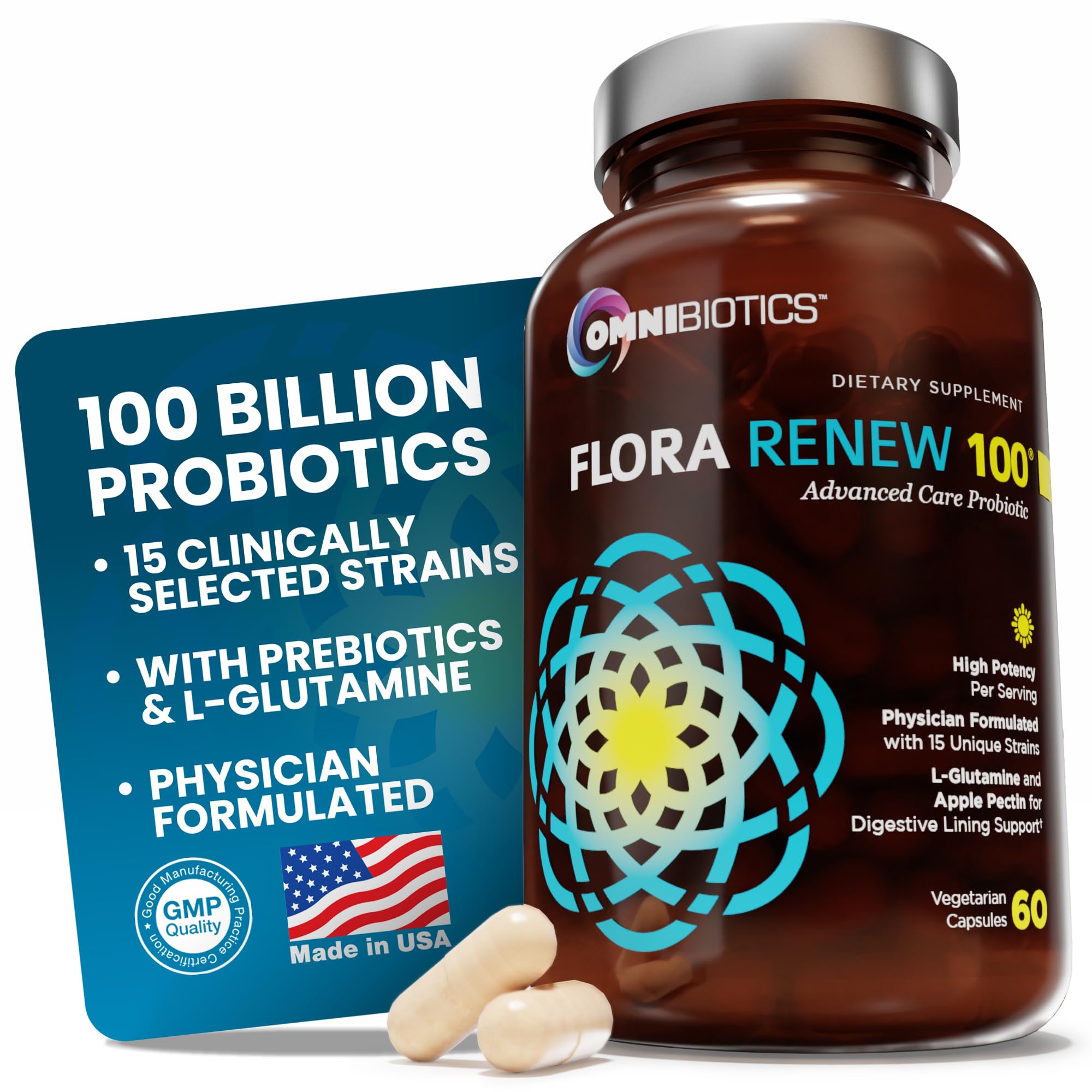 OmniBiotics 100 mil millones probióticos botella con cápsulas para equilibrio digestivo diario