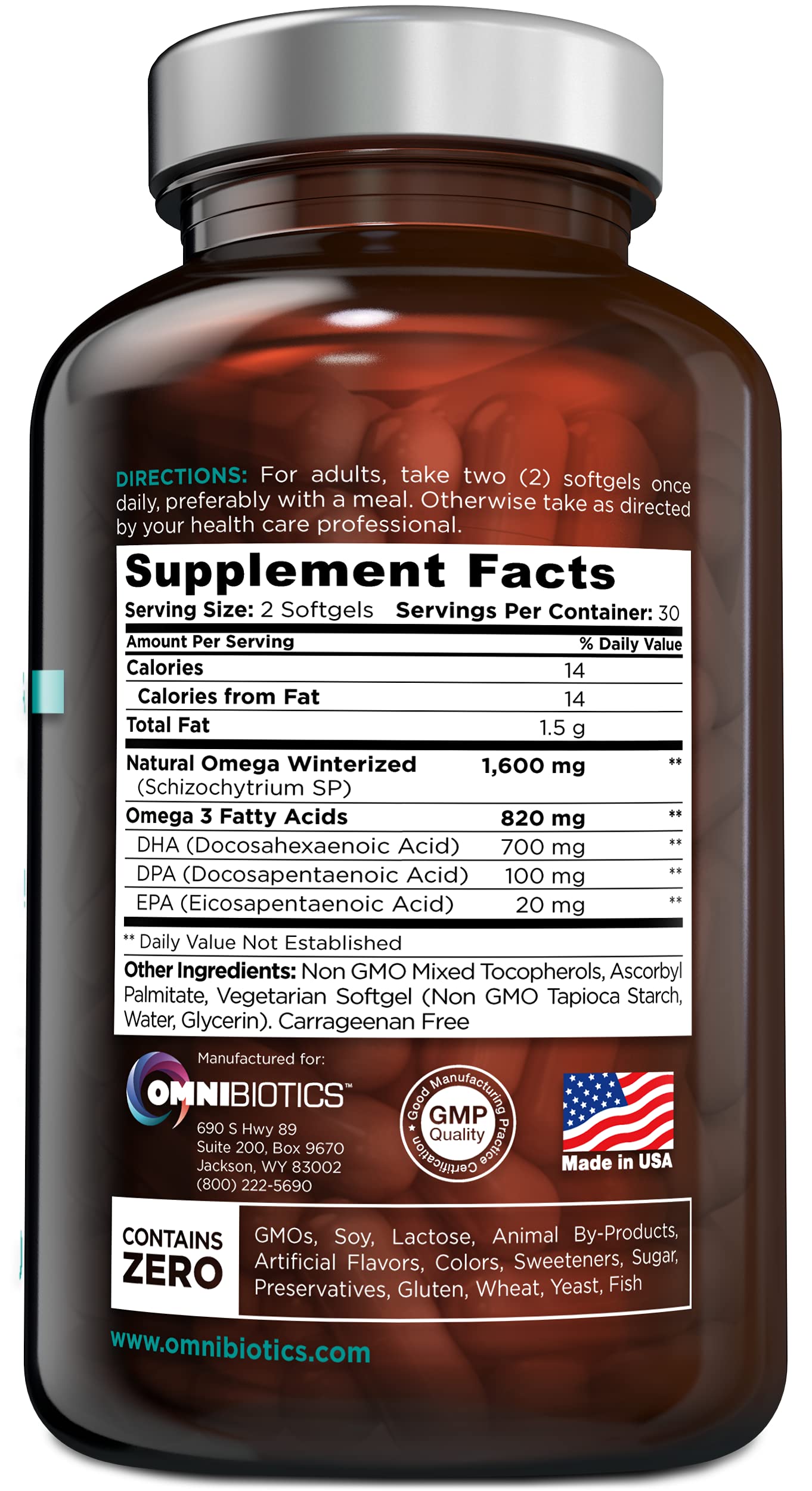 Etiqueta OmniBiotics Omega3 DHA EPA muestra ingredientes vegetales sin mercurio