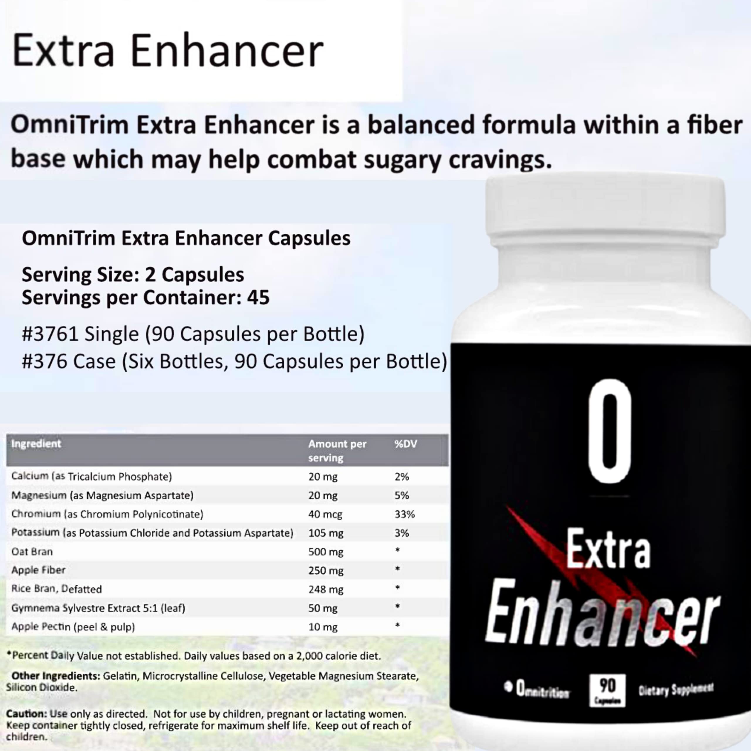 Omnitrition OmniTrim Extra Enhancer ingredientes clave, fibra y cromo en foco