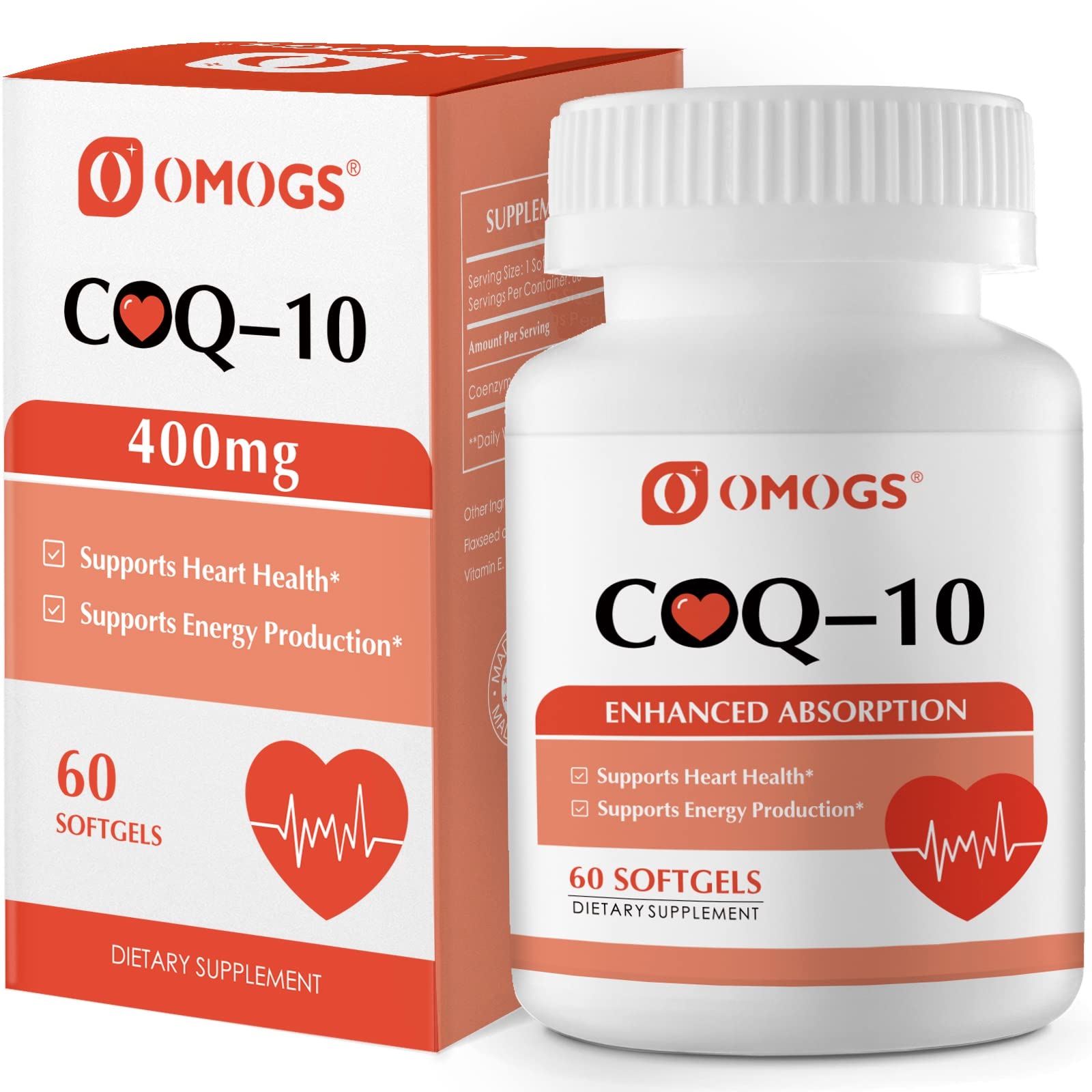 OMOGS Coenzima Q10 400 mg, bote de cápsulas blandas para energía diaria y salud cardiovascular.