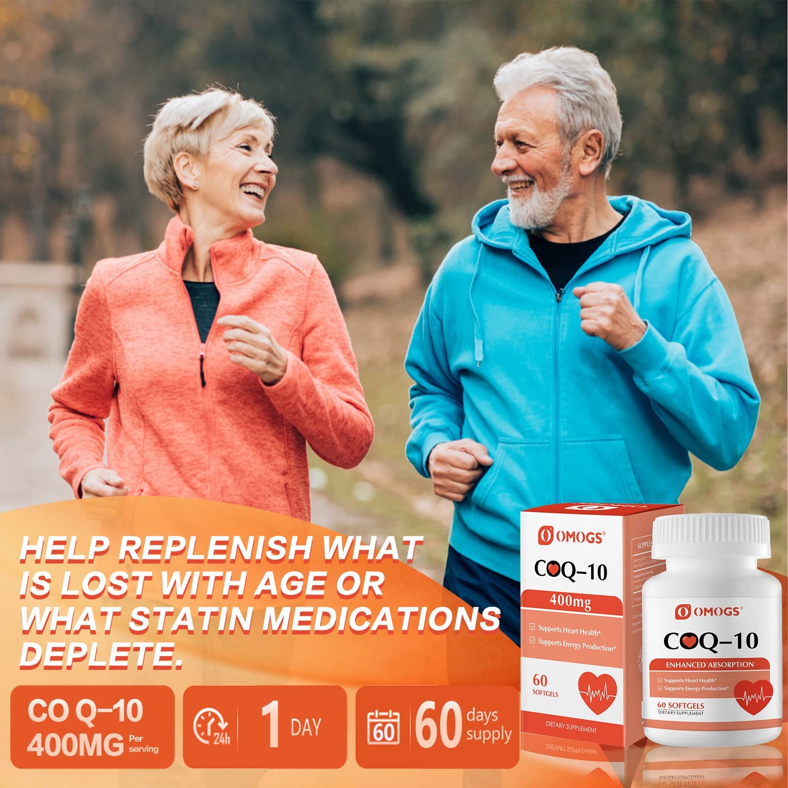 OMOGS Coenzima Q10 400 mg, cápsulas sin gluten para comodidad diaria.