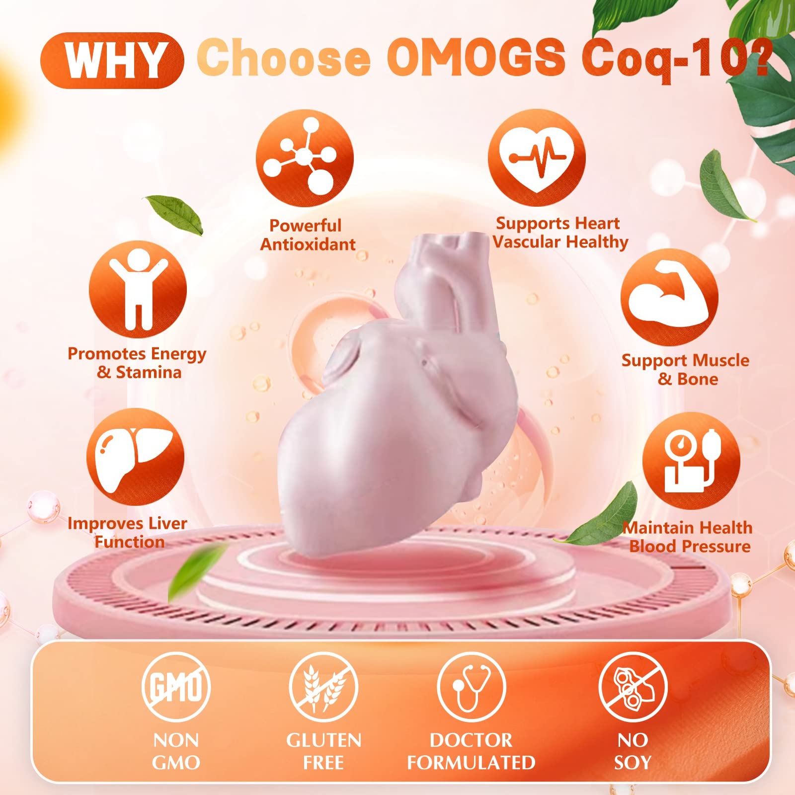 OMOGS Coenzima Q10 400 mg, envase compacto ideal para viajes y rutina.