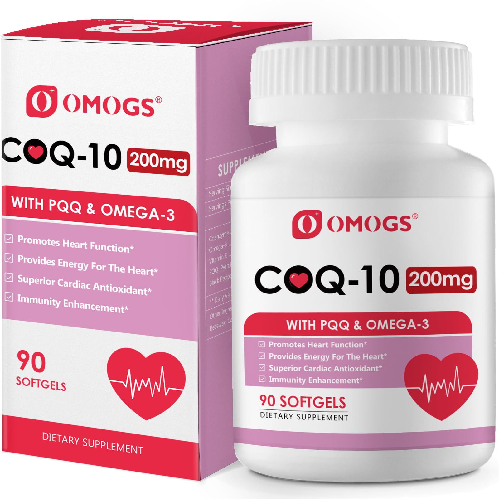 OMOGS CoQ10 200 mg en botella con cápsulas suaves para energía diaria.