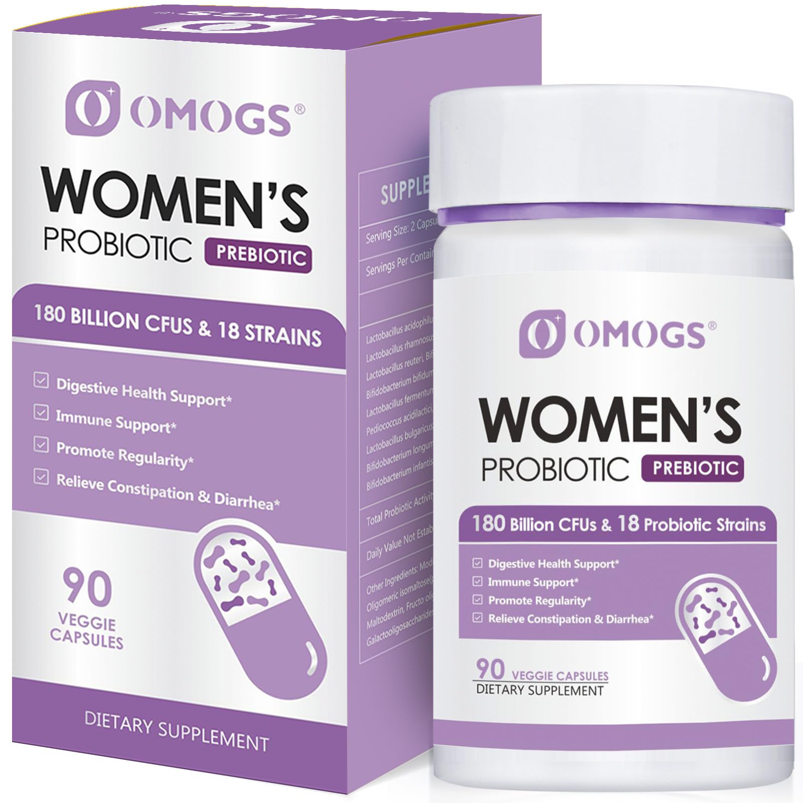 OMOGS probiótico para mujer, 180 mil millones CFU, 18 cepas en cápsulas, apoyo digestivo