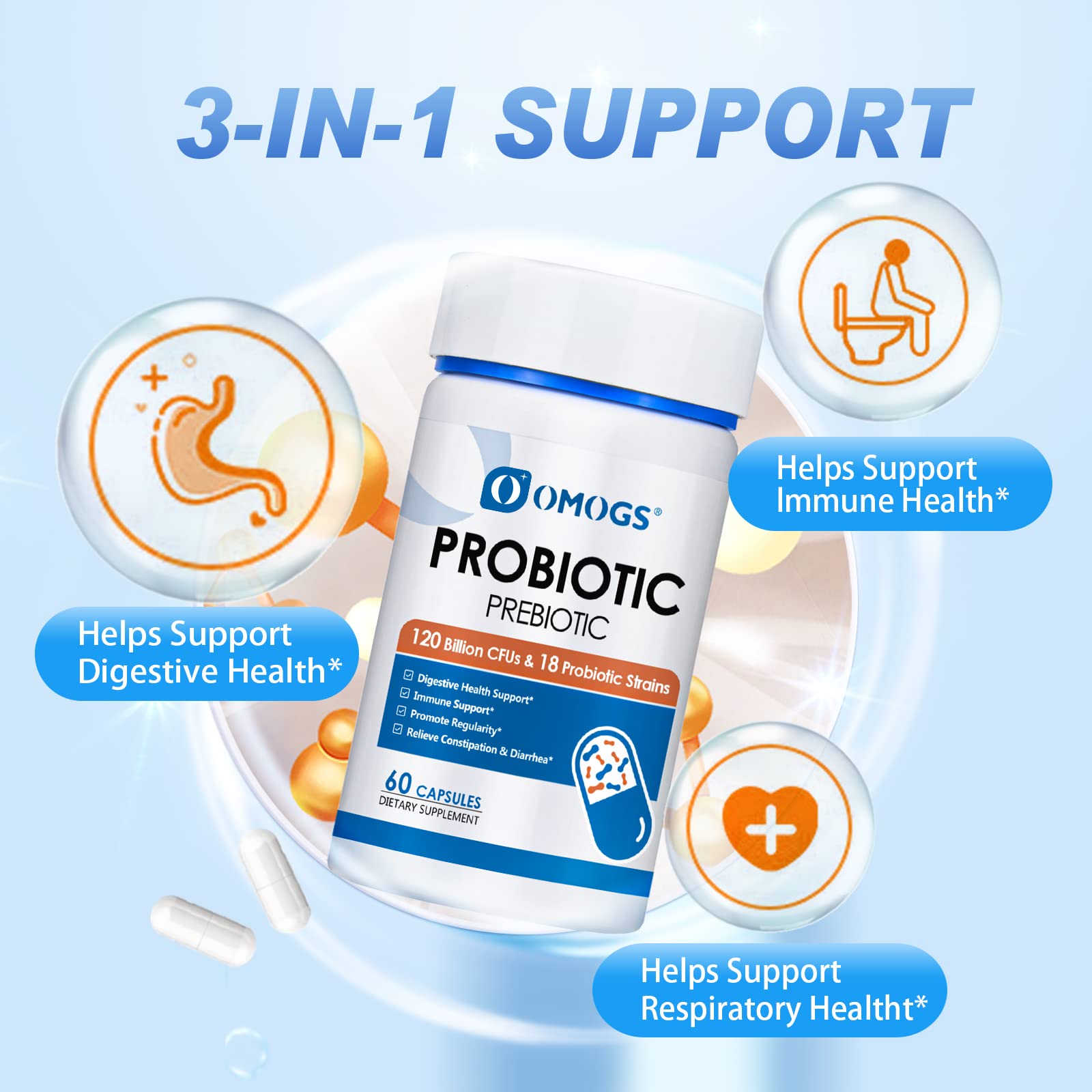 OMOGS Probiotics frasco-seco protege los probióticos para mayor estabilidad.