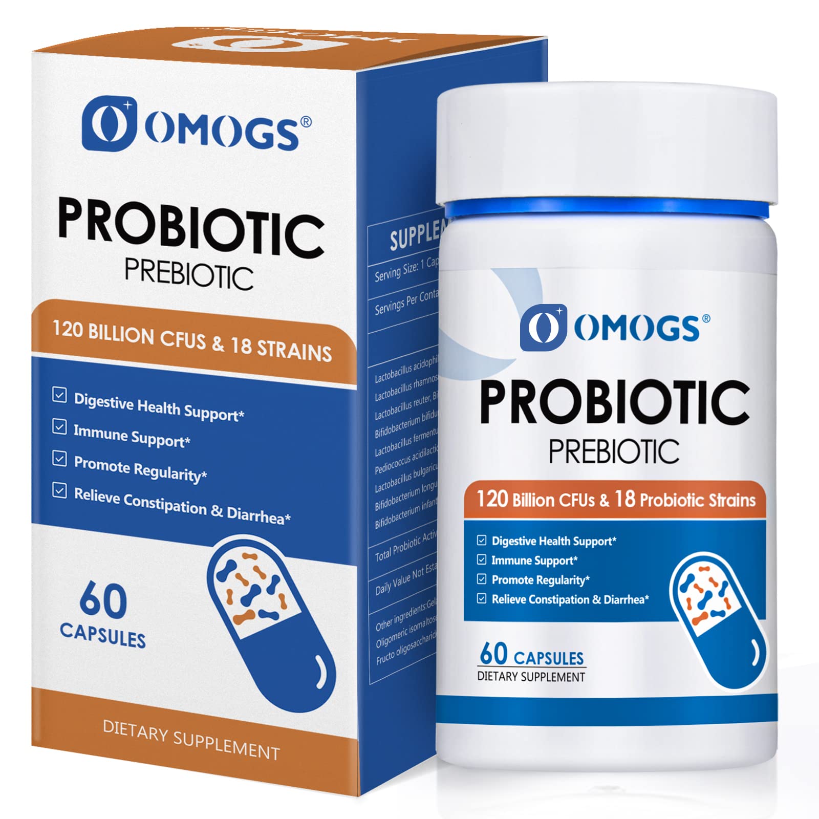 OMOGS Probiotics frasco-vertido; posible apoyo a la digestión diaria.