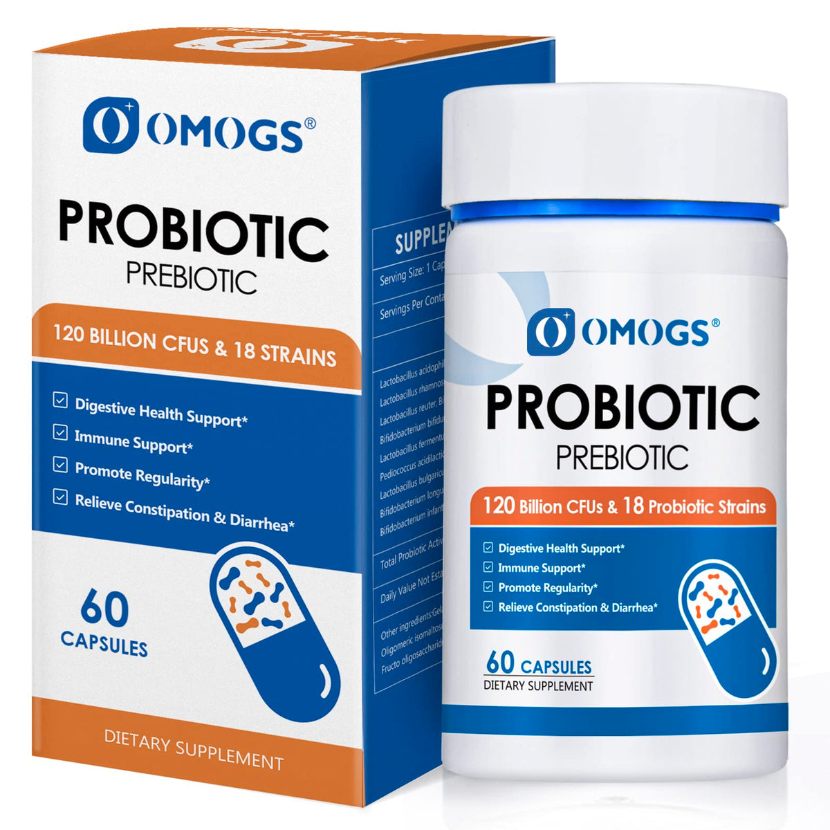 OMOGS Probiotics frasco-vertido; posible apoyo a la digestión diaria.