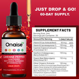 ONAISE Cayenne Drops frasco para medir dosis diaria.