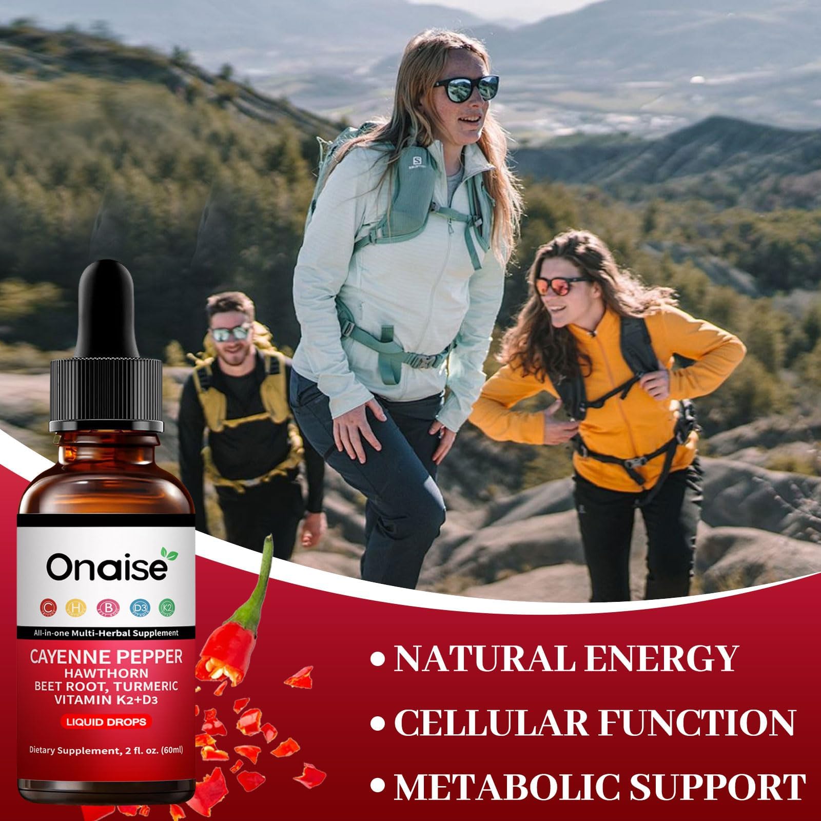 ONAISE Cayenne Drops etiqueta clara y ingredientes orgánicos.