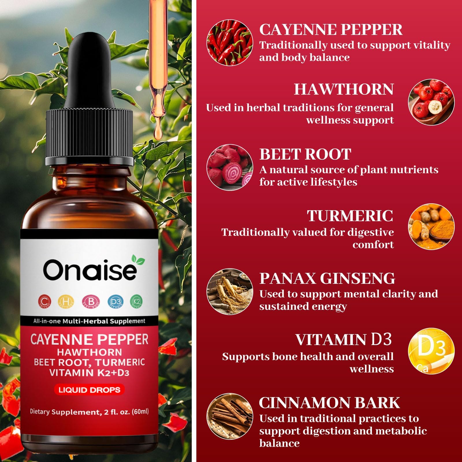 ONAISE Cayenne Drops frasco de vidrio para uso diario.