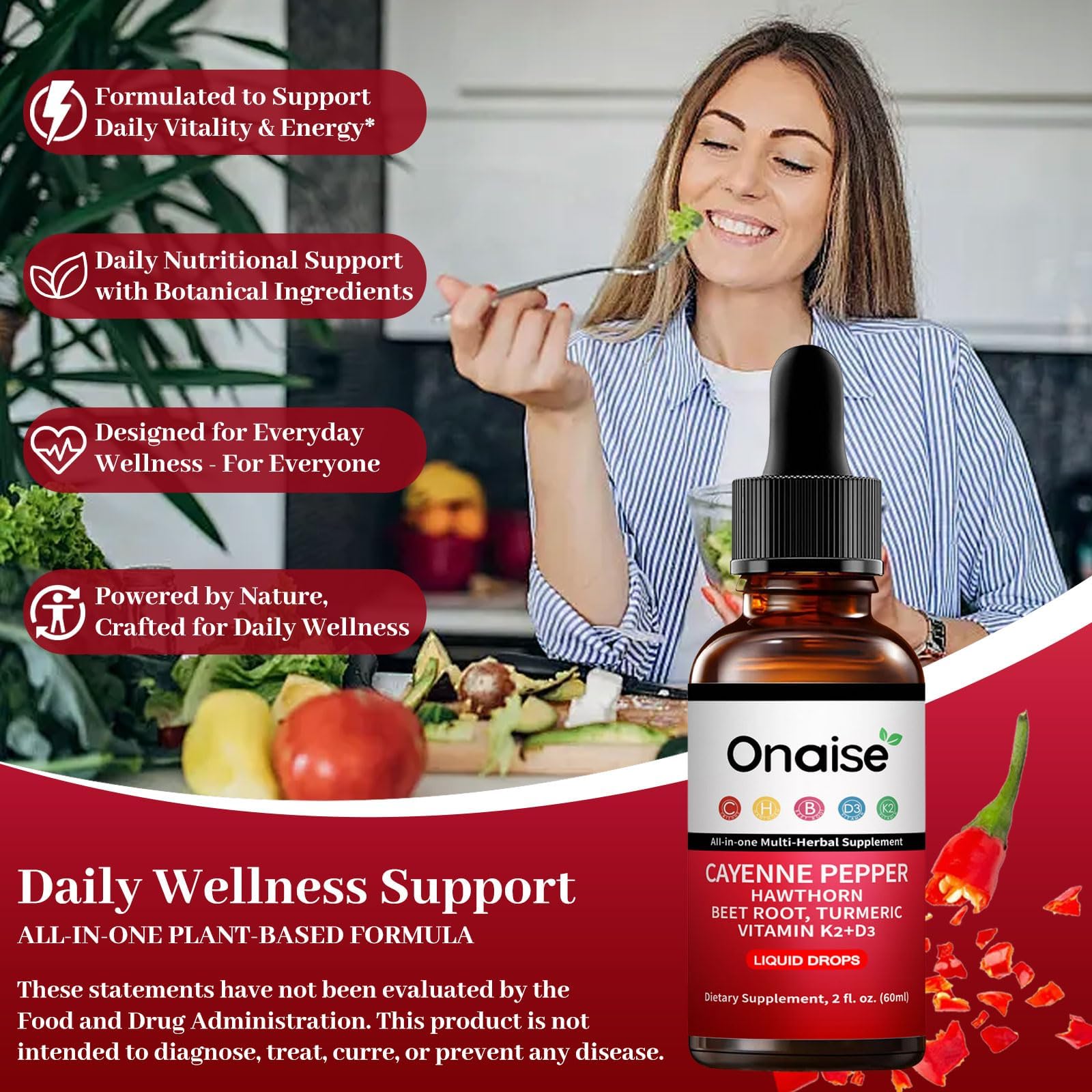 ONAISE Cayenne Drops para mezclar en bebidas matutinas.