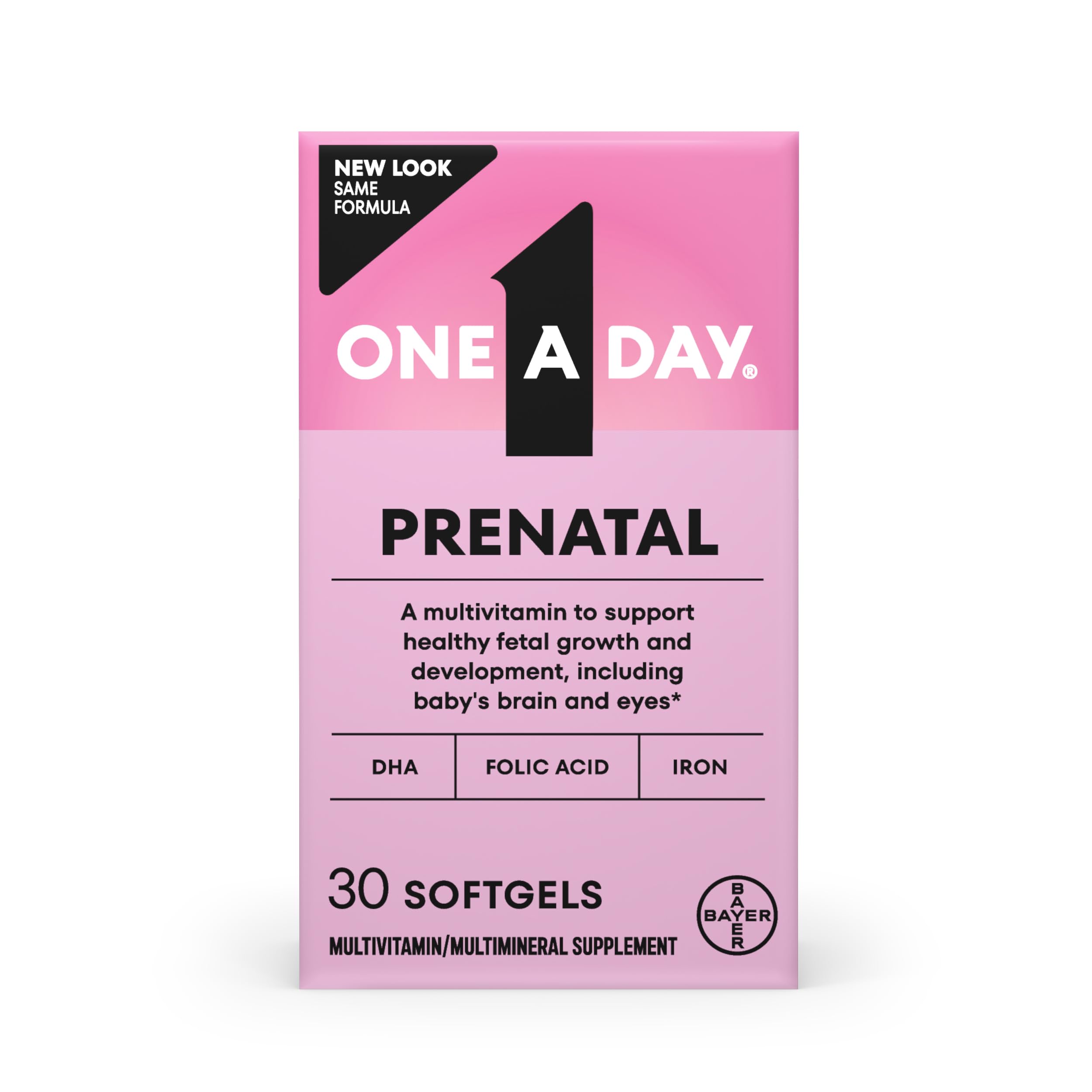One A Day prenatal cápsulas: botella en uso diario para mamá y bebé.